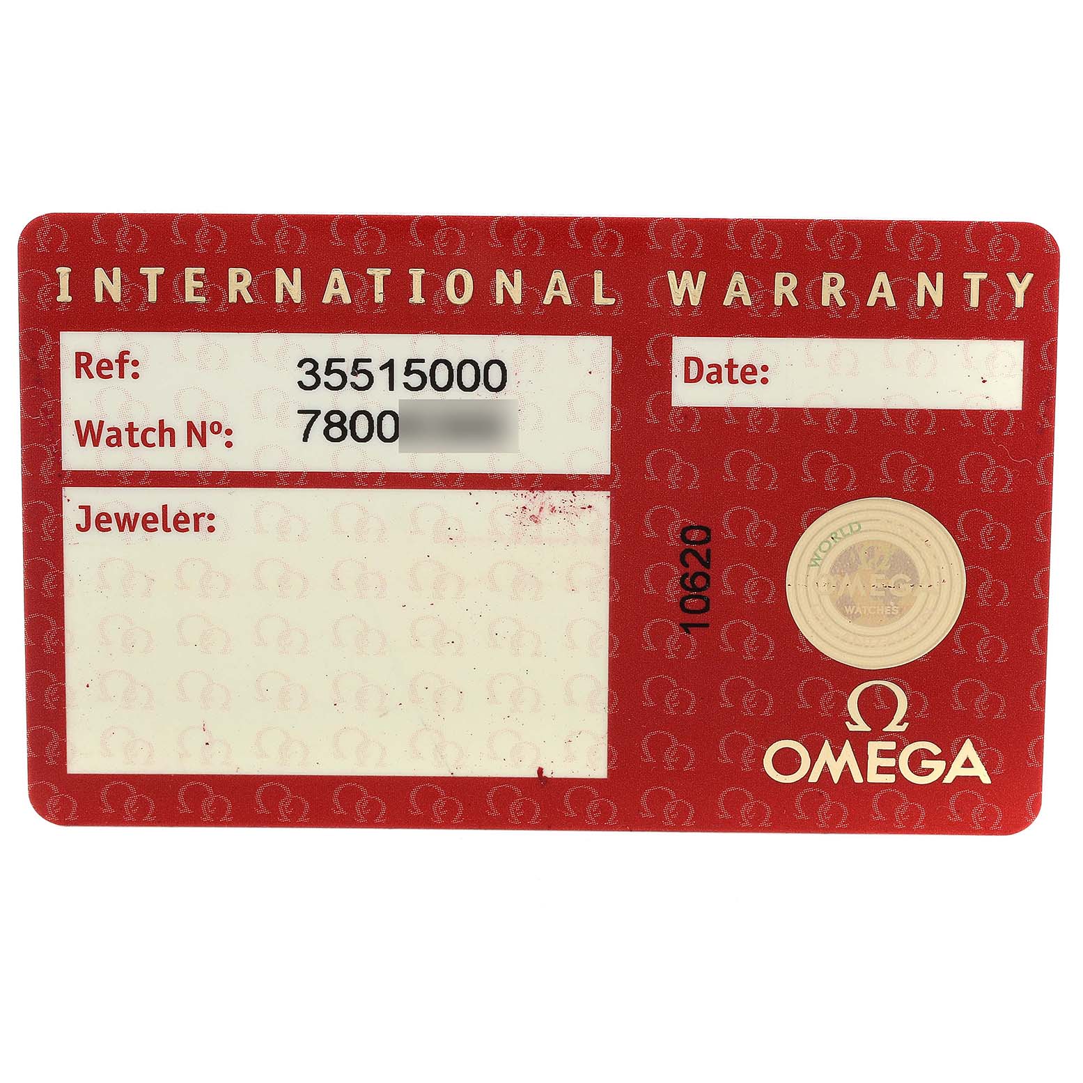 The image shows the international warranty card for an Omega Speedmaster 3551.50.00 Men
s Stainless Steel Black Dial 3551.50.00 Men
s Stainless Steel Black Dial watch, including reference number and watch number details.