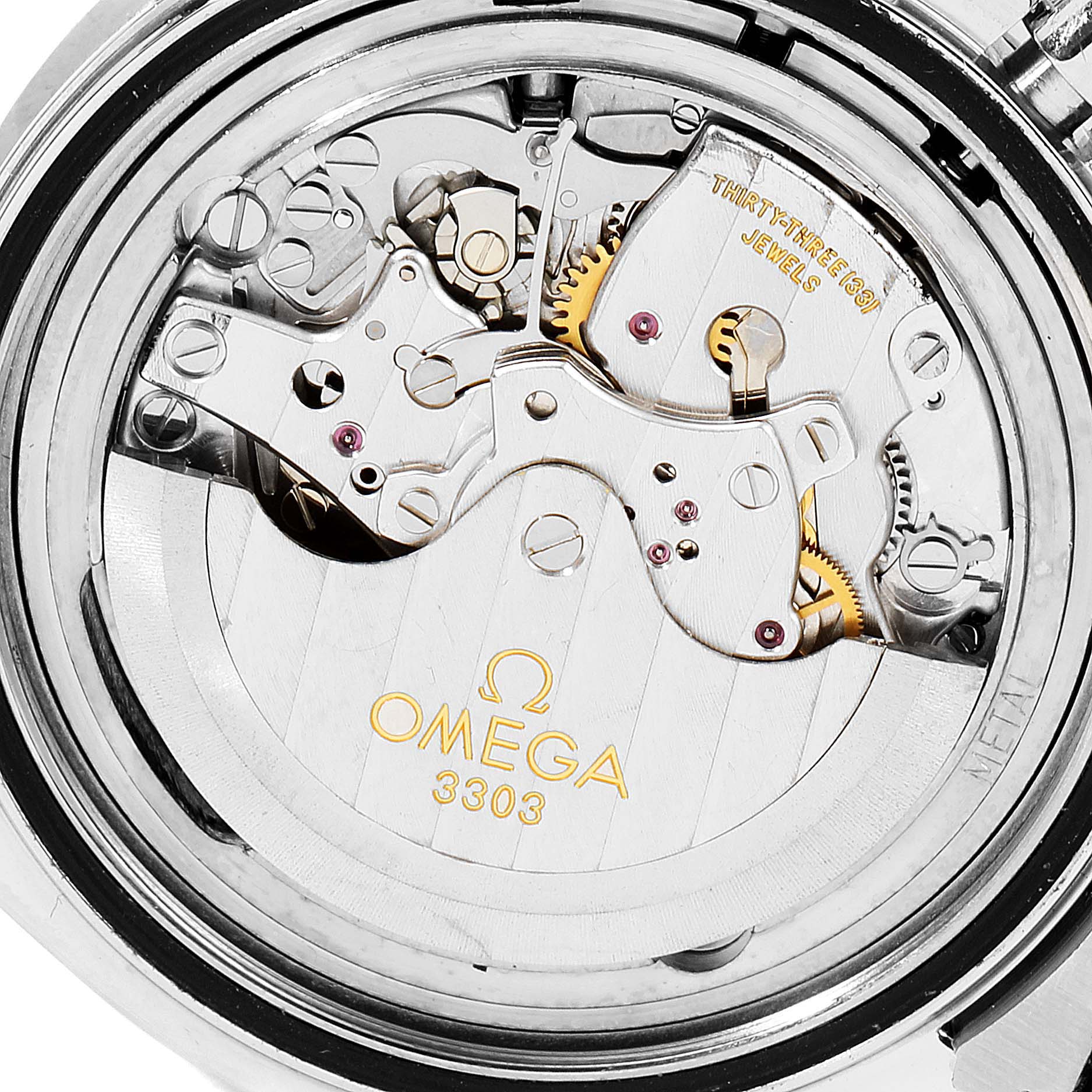 The image shows the intricate internal movement of the Omega Speedmaster 3551.50.00 Men
s Stainless Steel Black Dial 3551.50.00 Men
s Stainless Steel Black Dial with visible gears, jewels, and the Omega 3303 engraving.