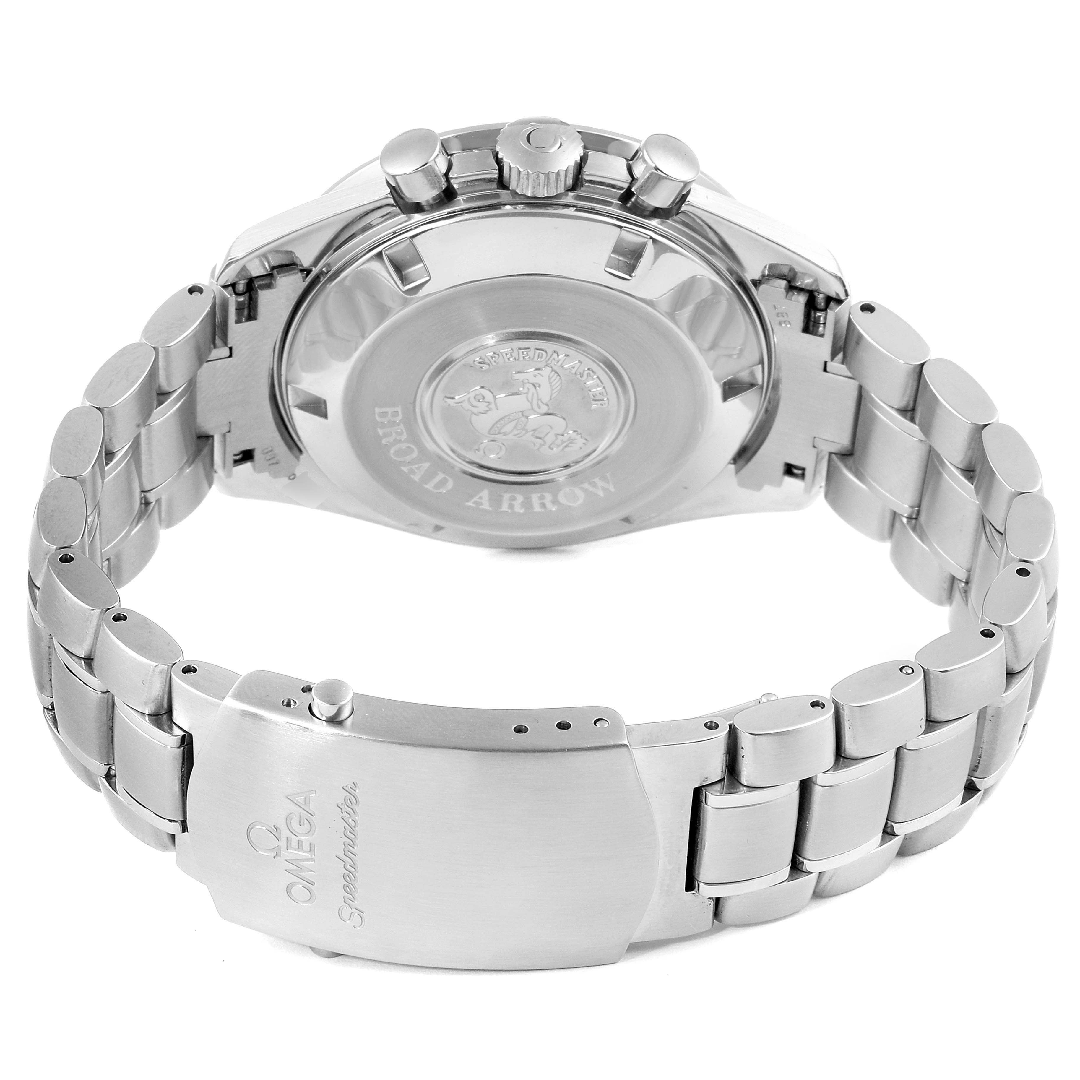 The image shows the back view of an Omega Speedmaster 3551.50.00 Men
s Stainless Steel Black Dial 3551.50.00 Men
s Stainless Steel Black Dial watch, highlighting the case back, bracelet, and clasp.