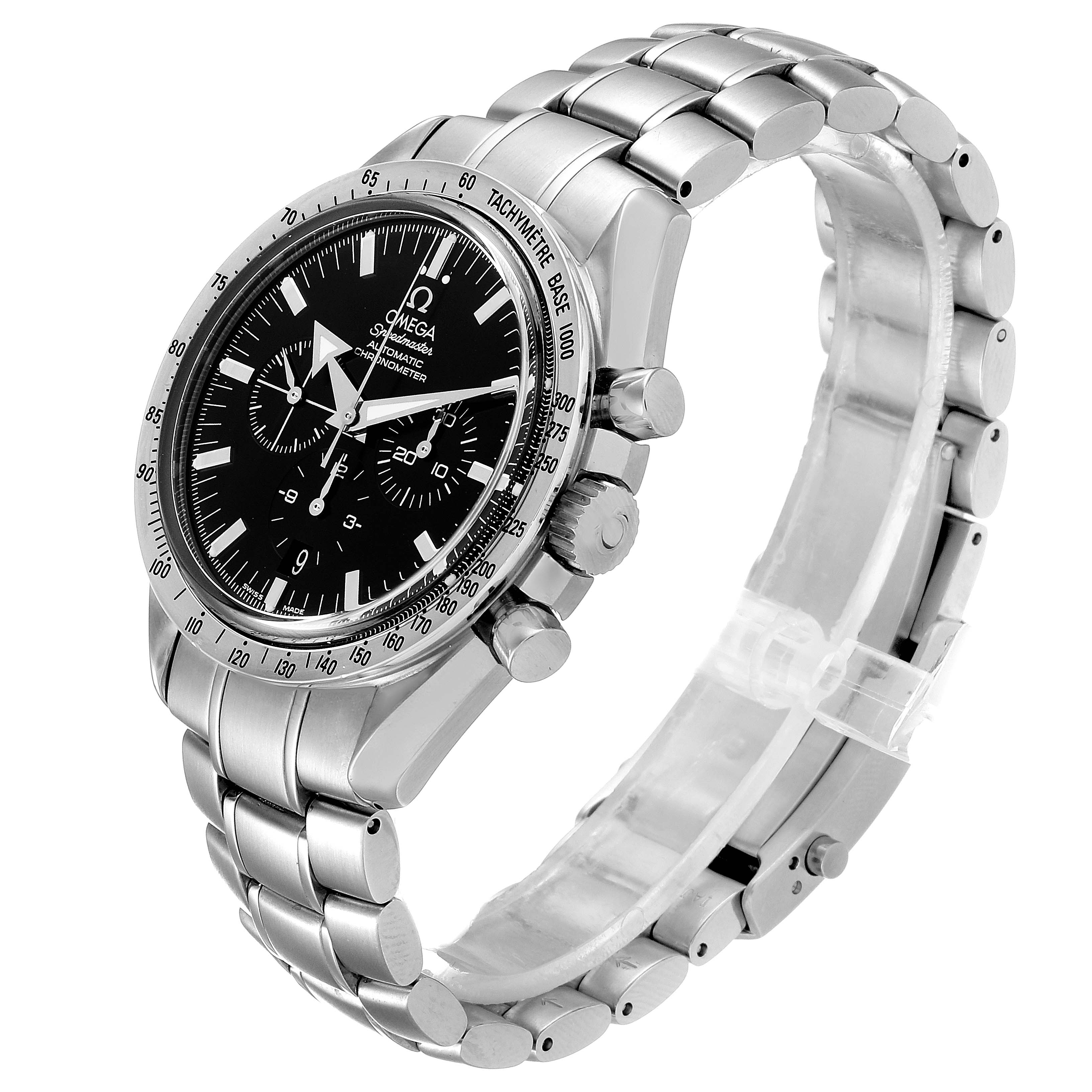 The Omega Speedmaster 3551.50.00 Men
s Stainless Steel Black Dial 3551.50.00 Men
s Stainless Steel Black Dial watch is shown at a 3/4 angle, displaying the case, bracelet, and chronograph subdials.