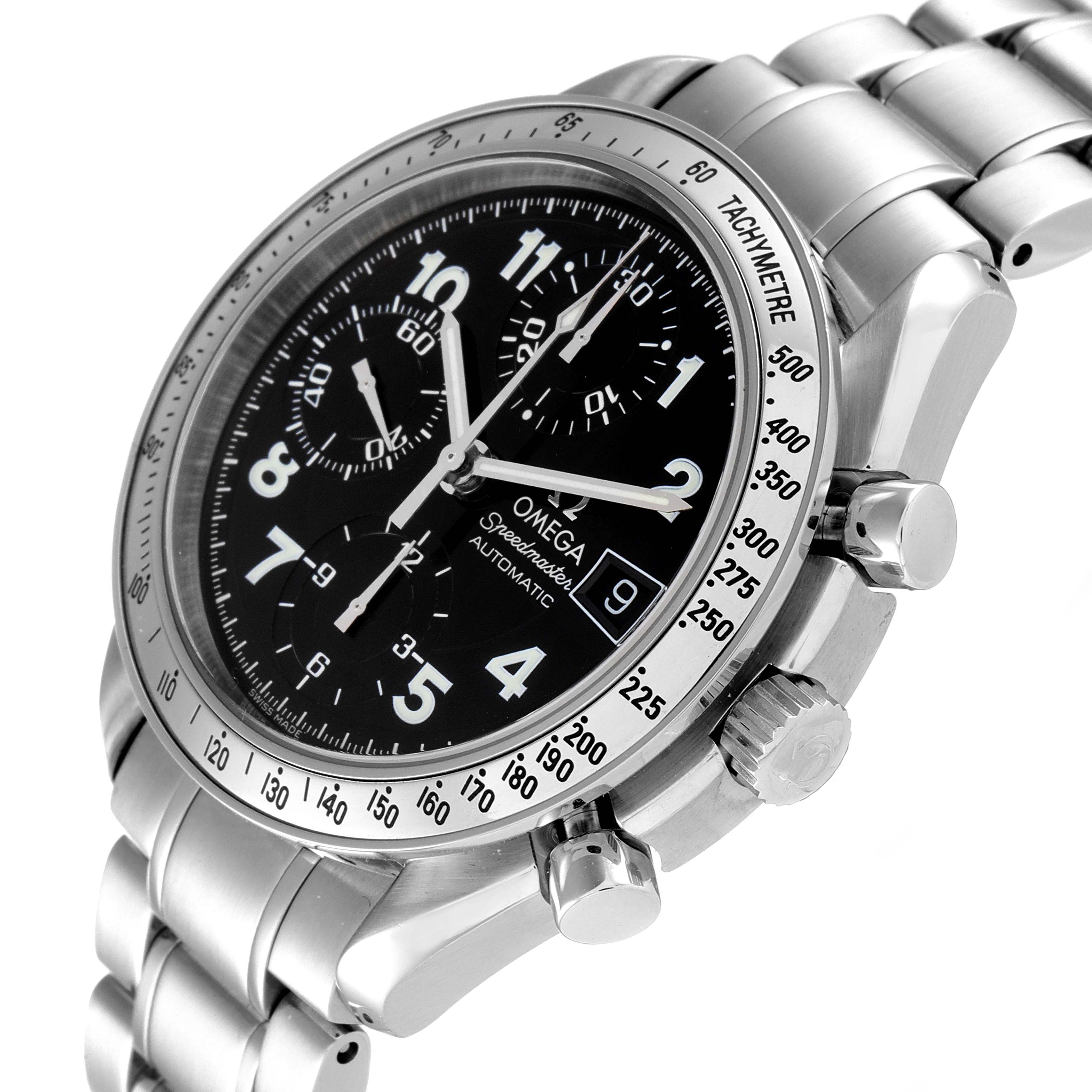 The image shows an Omega Speedmaster 3513.52.00 Men
s Stainless Steel Black Dial 3513.52.00 Men
s Stainless Steel Black Dial watch at an angled view highlighting the crown, pushers, dial, and tachymeter bezel.