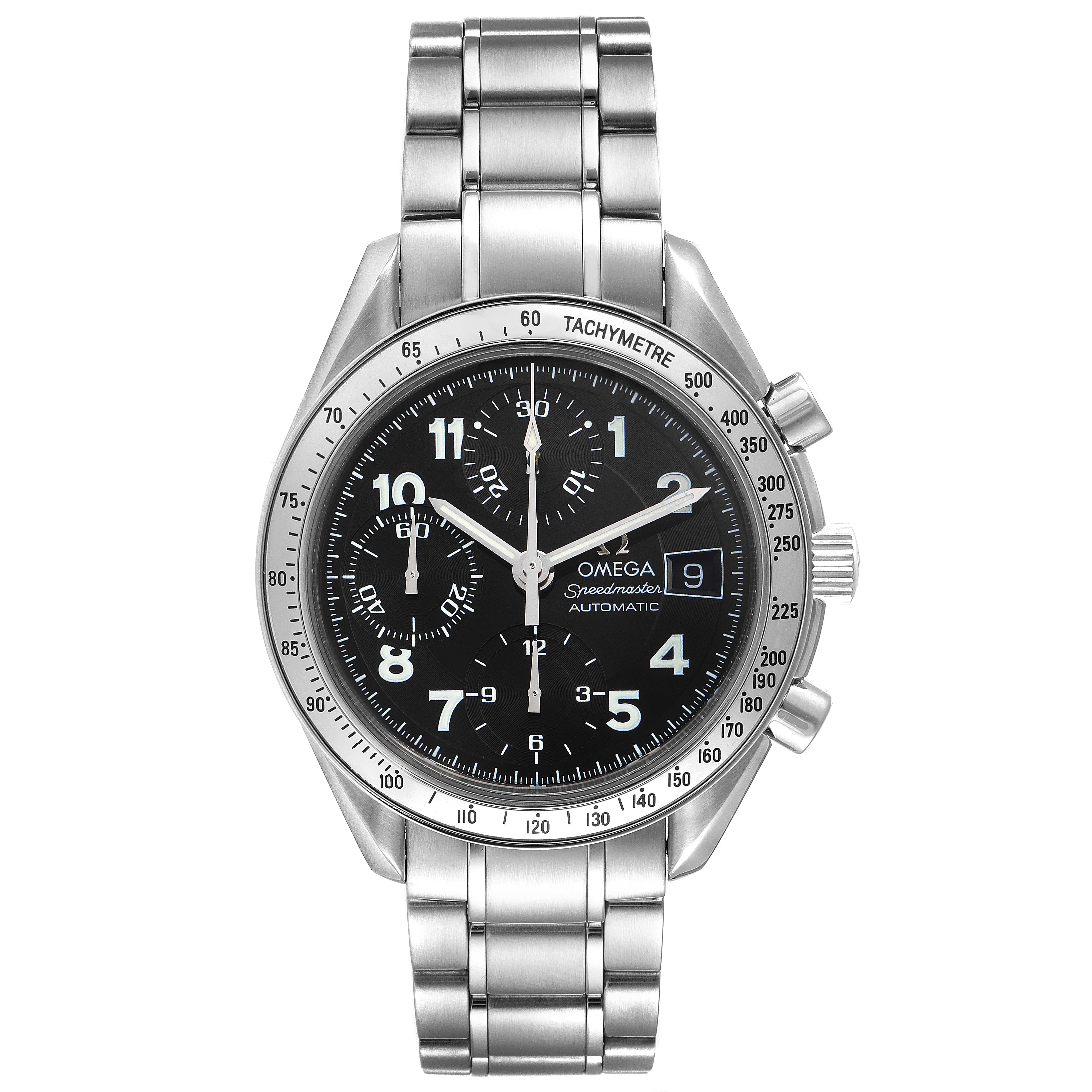 The image shows a front view of an Omega Speedmaster 3513.52.00 Men
s Stainless Steel Black Dial 3513.52.00 Men
s Stainless Steel Black Dial watch displaying its face, bezel, case, and bracelet.