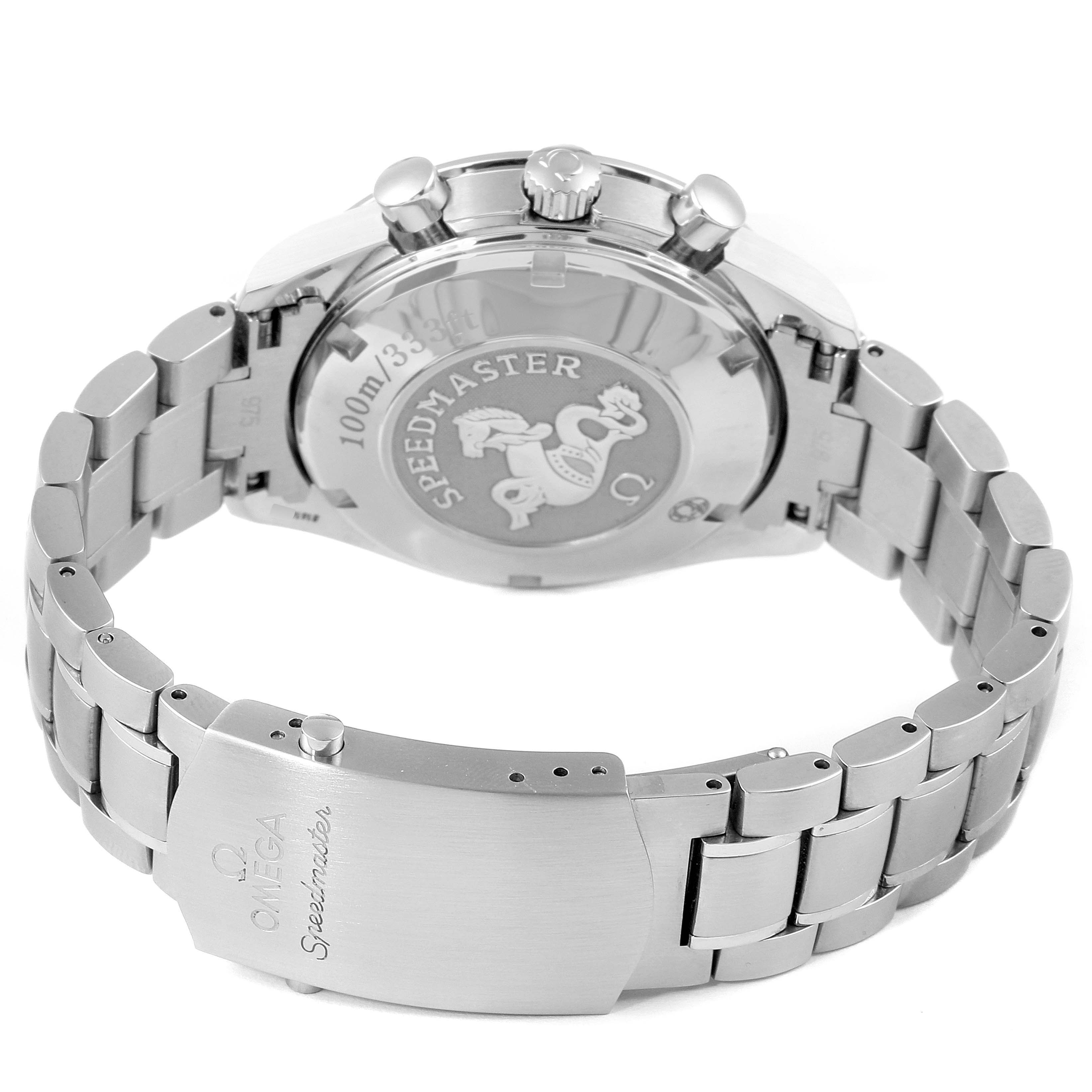 The image shows the back case and metal bracelet clasp of an Omega Speedmaster 3211.31.00 Men's Stainless Steel Silver Dial 3211.31.00 Men's Stainless Steel Silver Dial watch at an angle.