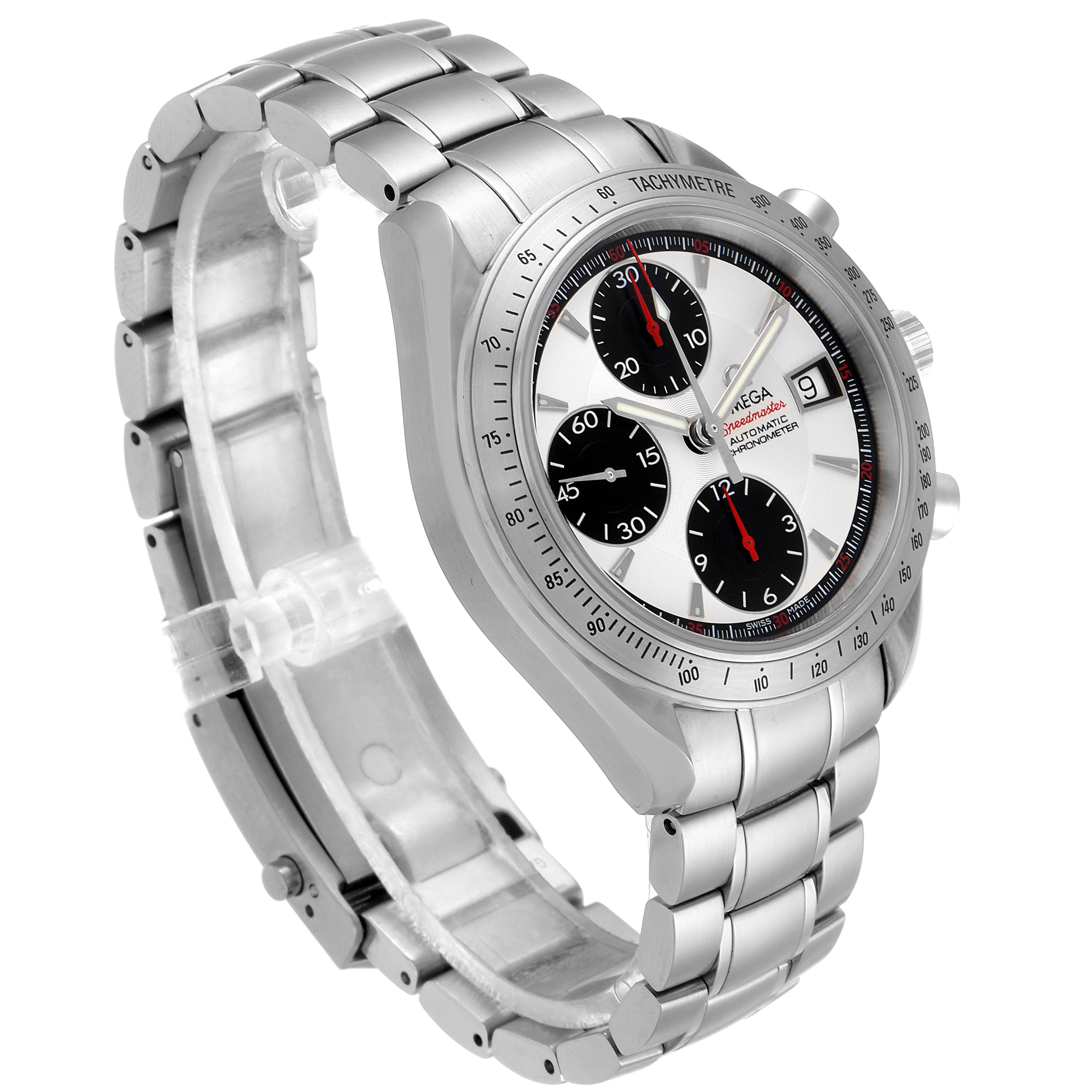 The Omega Speedmaster 3211.31.00 Men's Stainless Steel Silver Dial 3211.31.00 Men's Stainless Steel Silver Dial watch is shown from a three-quarter angle, displaying the dial, case, and bracelet.