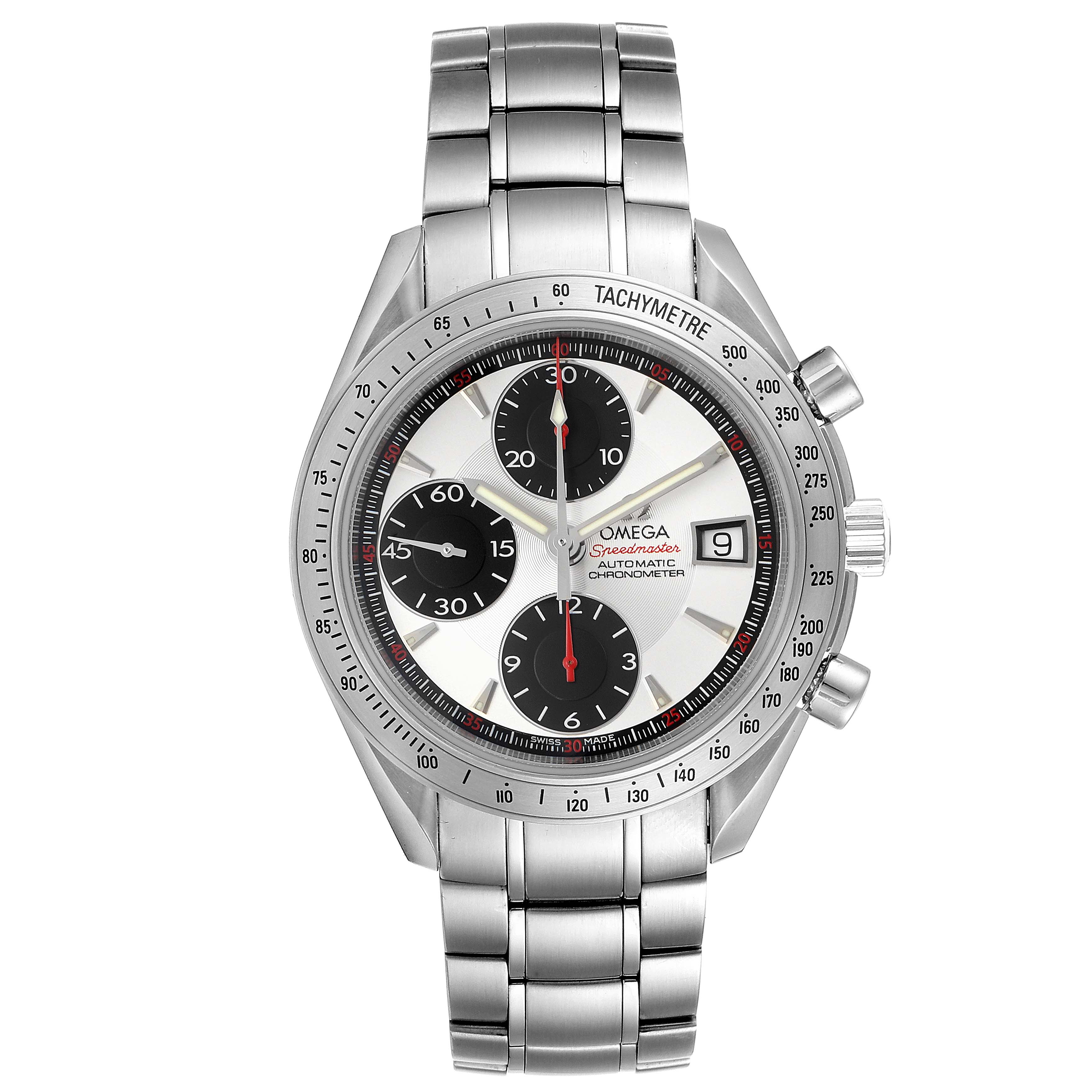 This image shows a front view of an Omega Speedmaster 3211.31.00 Men's Stainless Steel Silver Dial 3211.31.00 Men's Stainless Steel Silver Dial watch displaying its face, bezel, and metal bracelet.