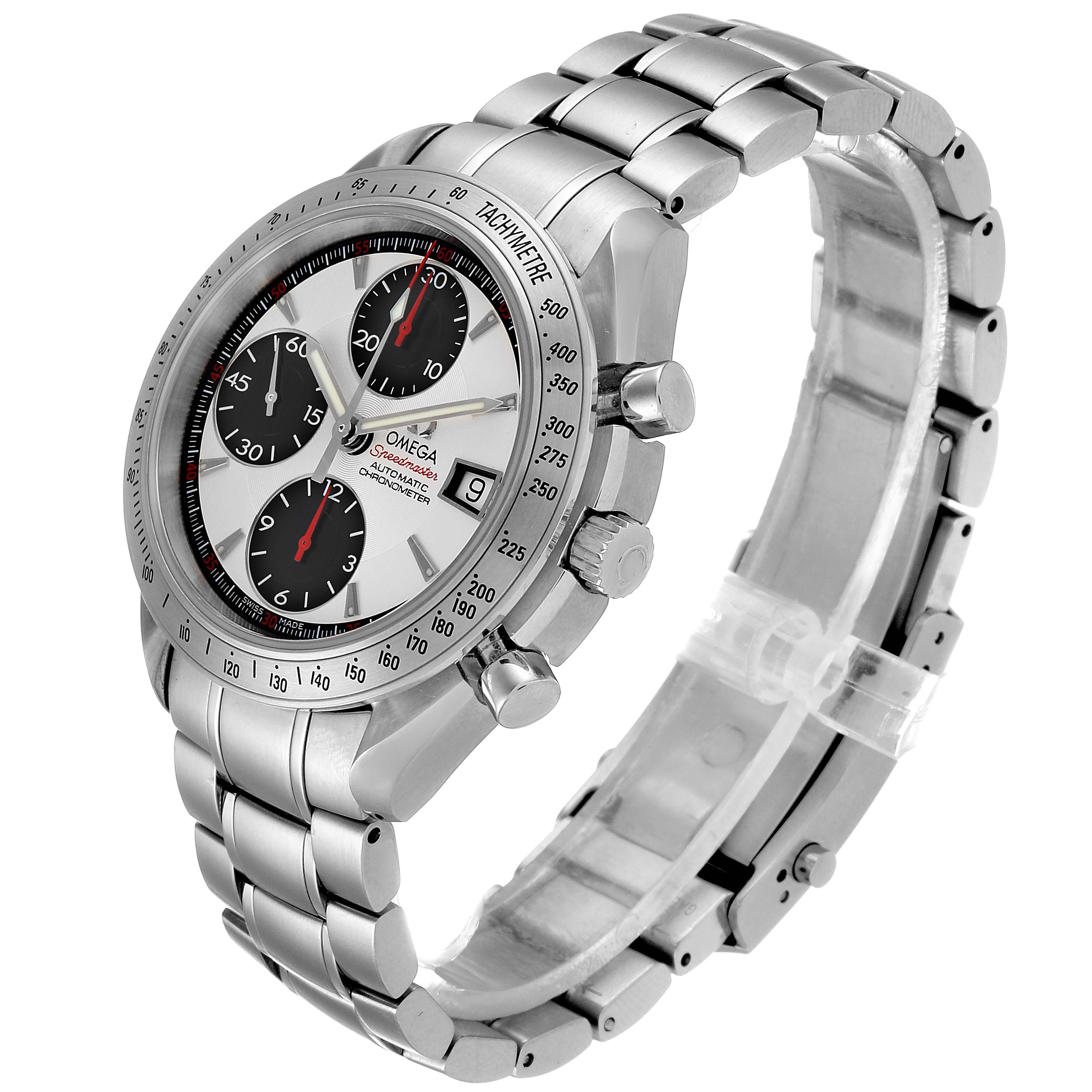 The image shows a side angle of the Omega Speedmaster 3211.31.00 Men's Stainless Steel Silver Dial 3211.31.00 Men's Stainless Steel Silver Dial watch, highlighting its face, bezel, and bracelet.