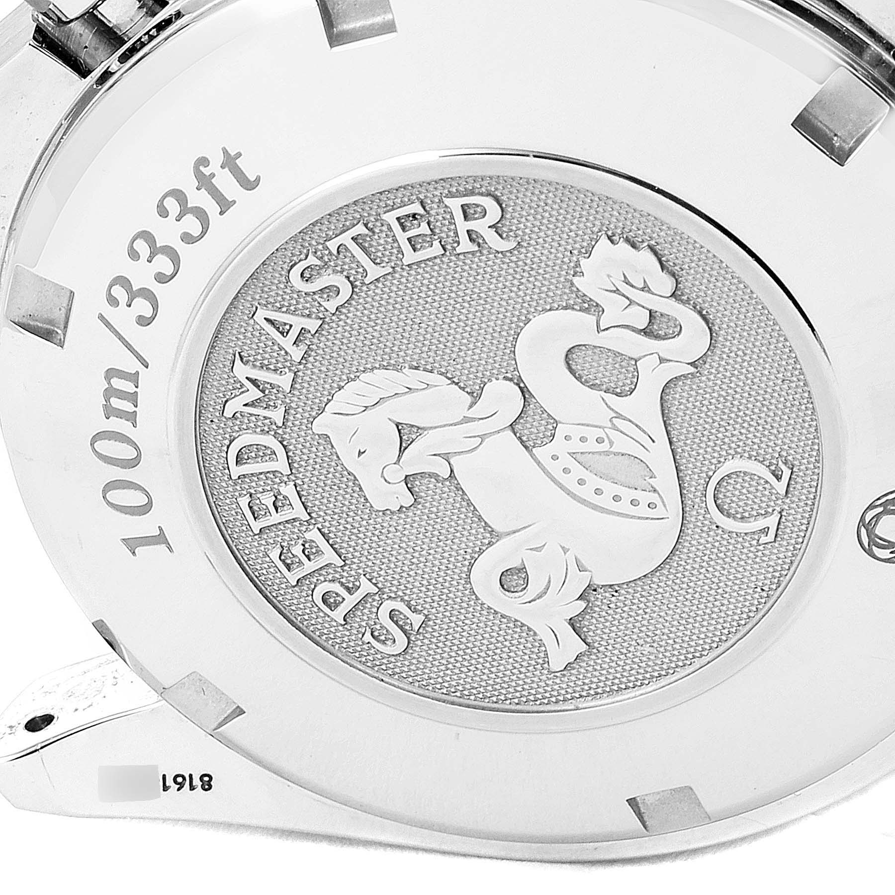 This is a close-up view of the Omega Speedmaster 3211.31.00 Men's Stainless Steel Silver Dial 3211.31.00 Men's Stainless Steel Silver Dial's case back, showing the engraved logo and water resistance details.