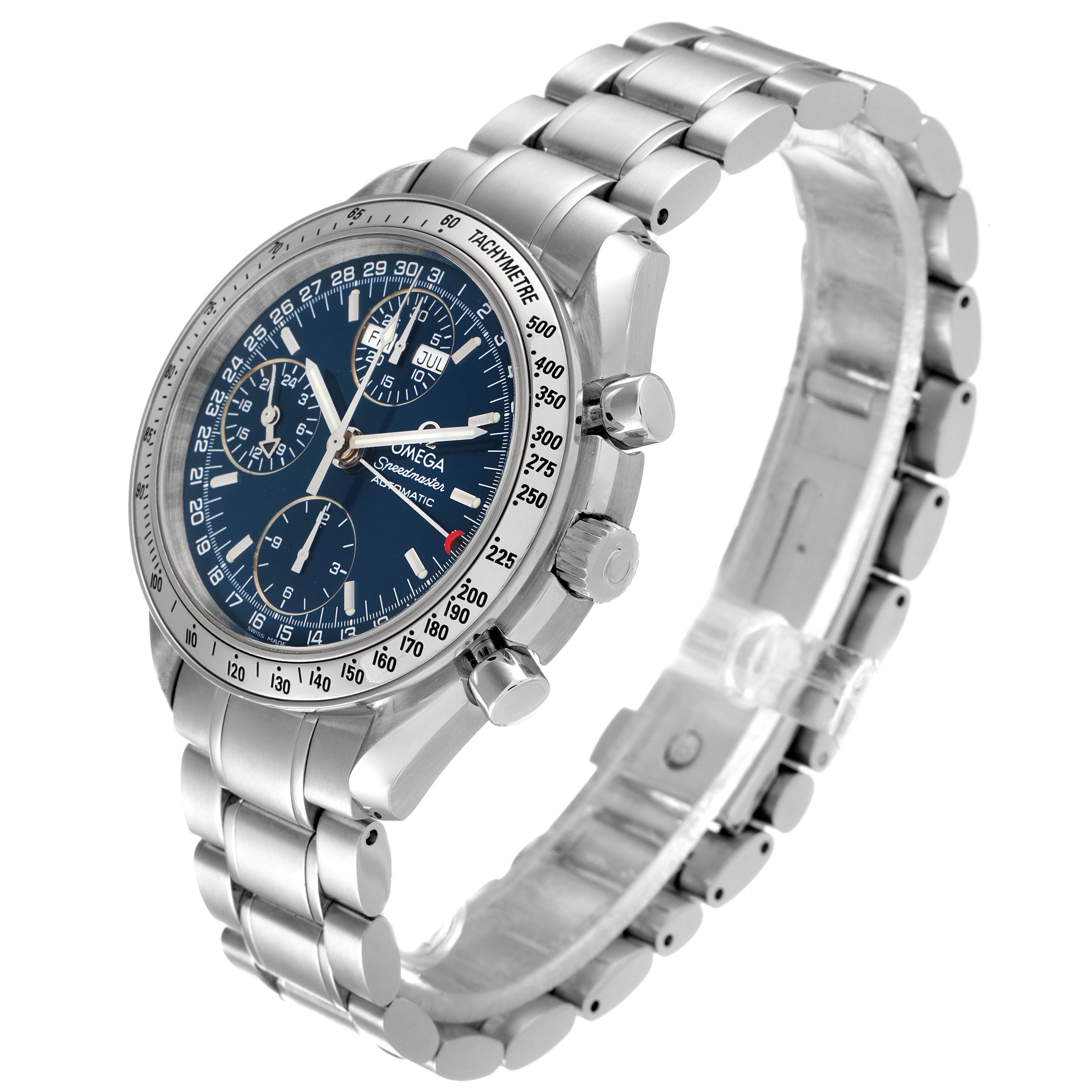 The image shows a side angle view of the Omega Speedmaster 3523.80.00 Men
s Stainless Steel Blue Dial 3523.80.00 Men
s Stainless Steel Blue Dial watch, highlighting its face, bezel, and stainless steel bracelet.