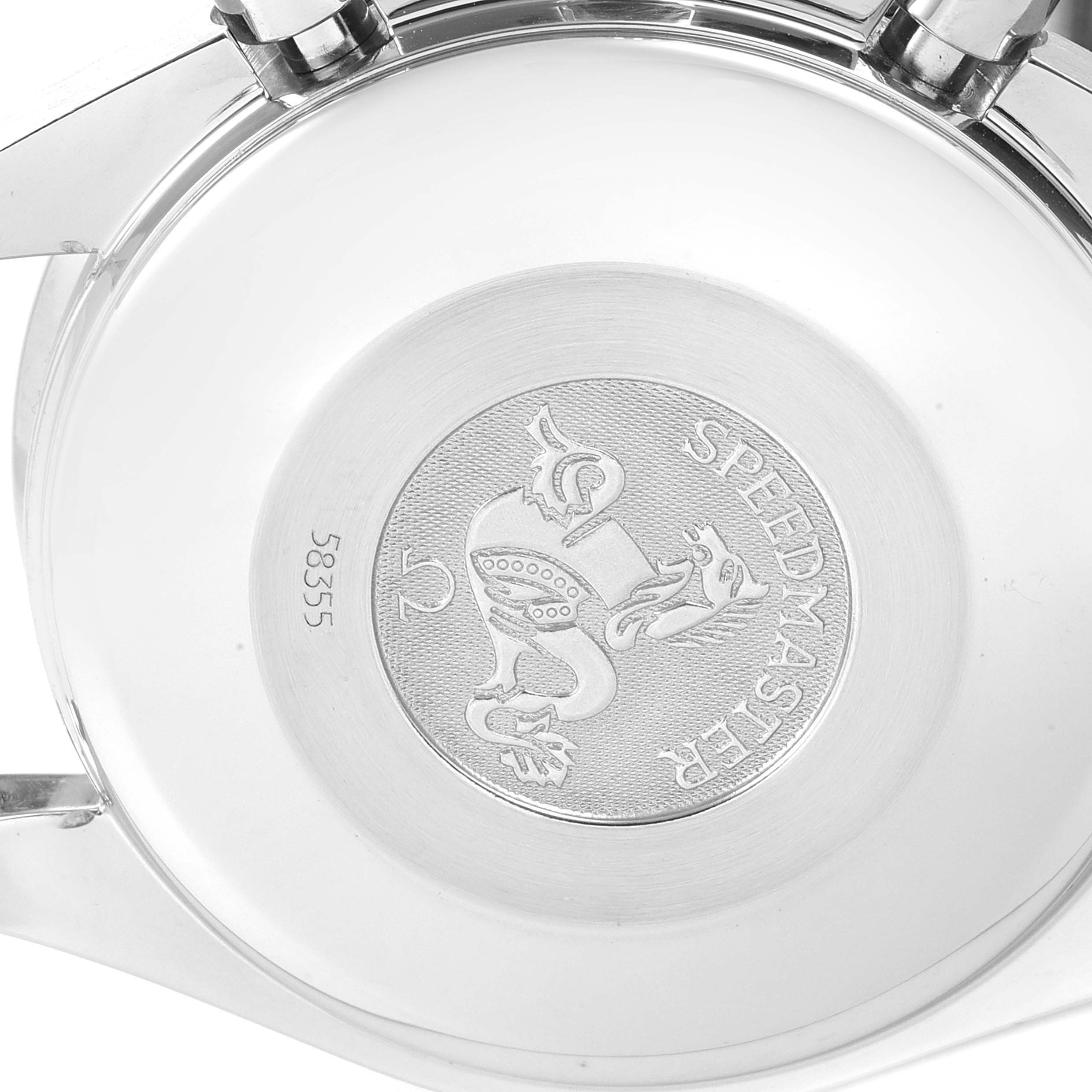 This image shows the back case of the Omega Speedmaster 3523.80.00 Men
s Stainless Steel Blue Dial 3523.80.00 Men
s Stainless Steel Blue Dial watch, featuring the model
s engraved emblem and serial number.