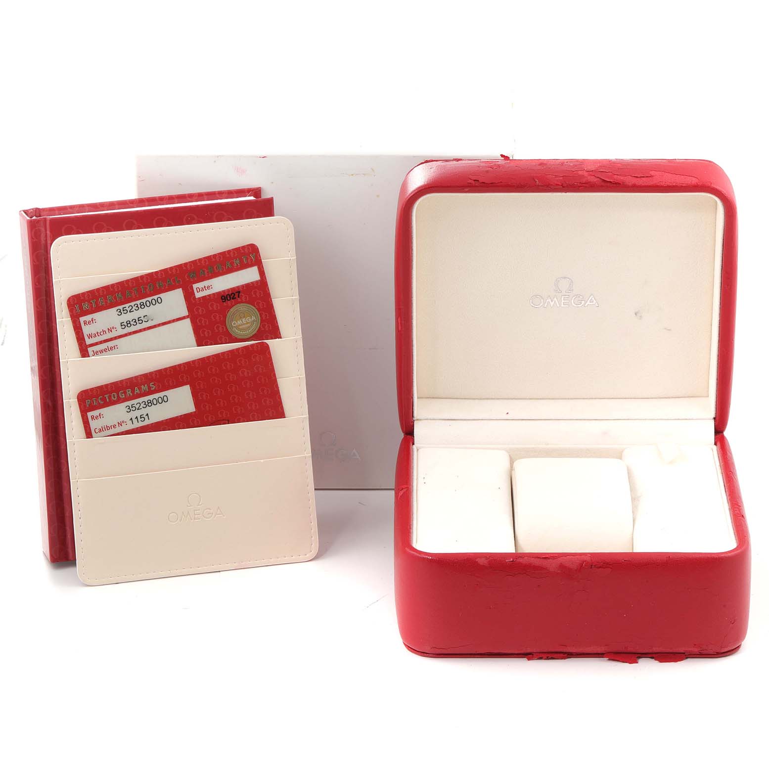 The image shows the Omega Speedmaster 3523.80.00 Men
s Stainless Steel Blue Dial 3523.80.00 Men
s Stainless Steel Blue Dial watch box, warranty cards, and cardholder from a front angle.