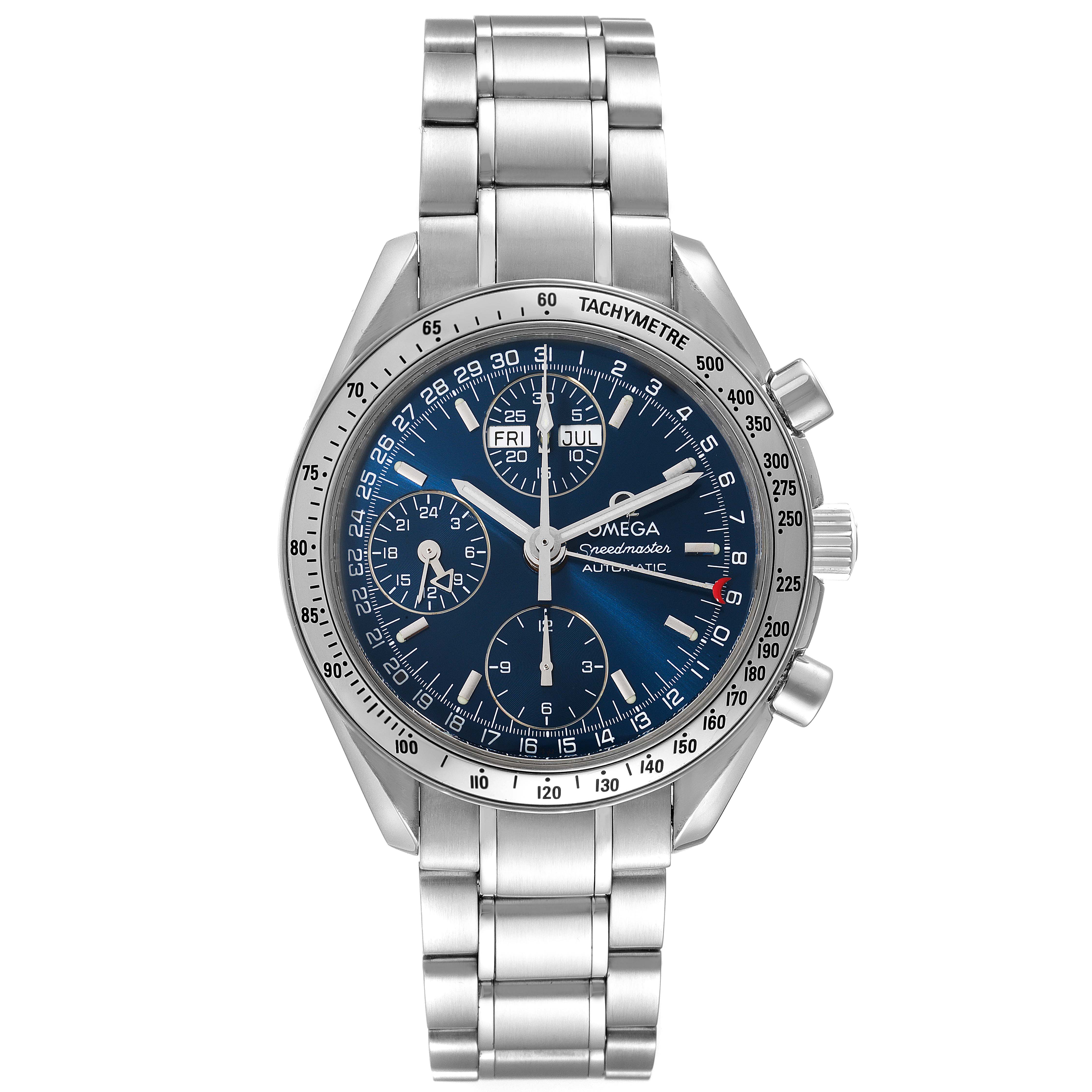 The image displays a front view of an Omega Speedmaster 3523.80.00 Men
s Stainless Steel Blue Dial 3523.80.00 Men
s Stainless Steel Blue Dial watch, revealing the face, dial, subdials, tachymeter bezel, and metal bracelet.