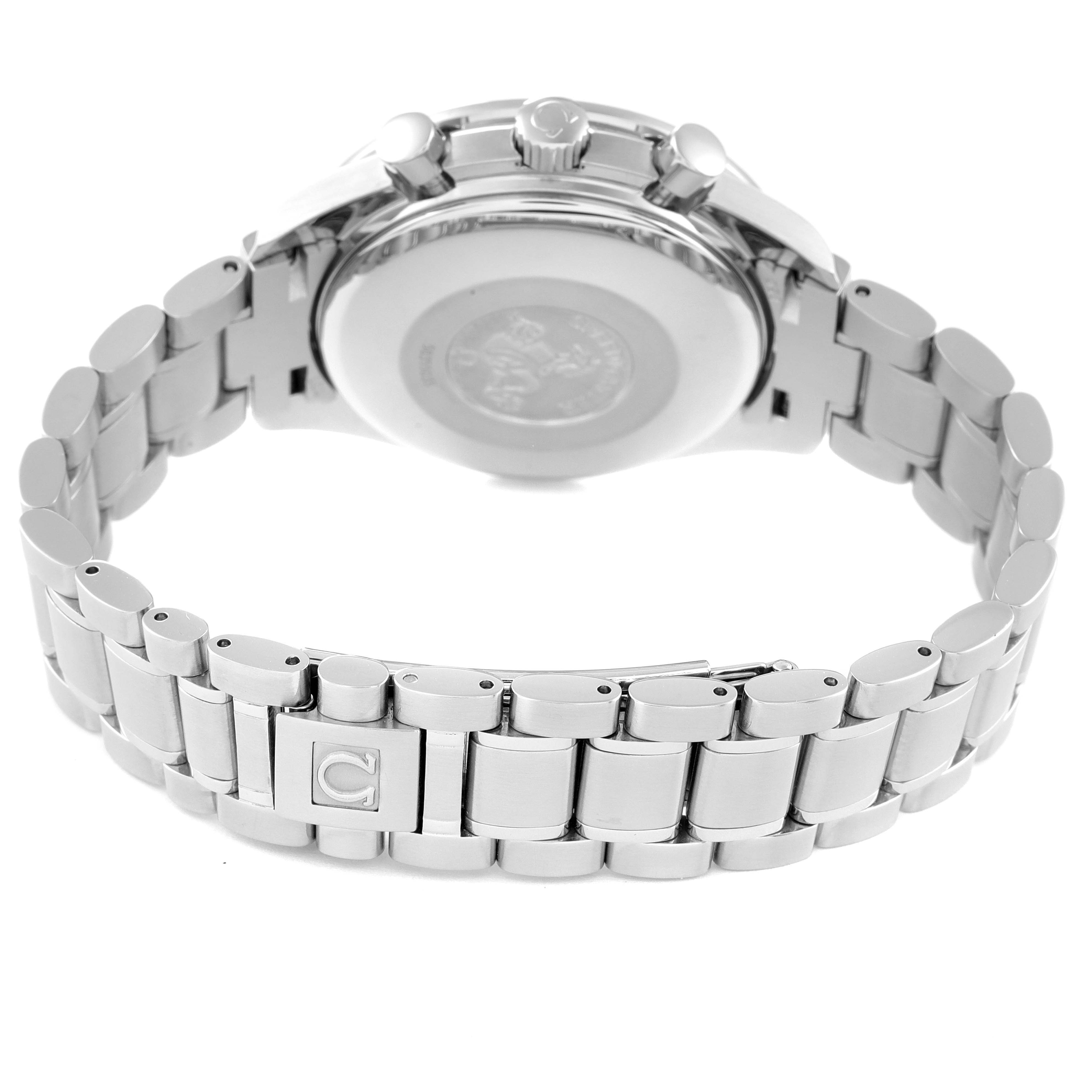 The image shows the back view of the Omega Speedmaster 3523.80.00 Men
s Stainless Steel Blue Dial 3523.80.00 Men
s Stainless Steel Blue Dial watch, highlighting its stainless steel bracelet and case back.