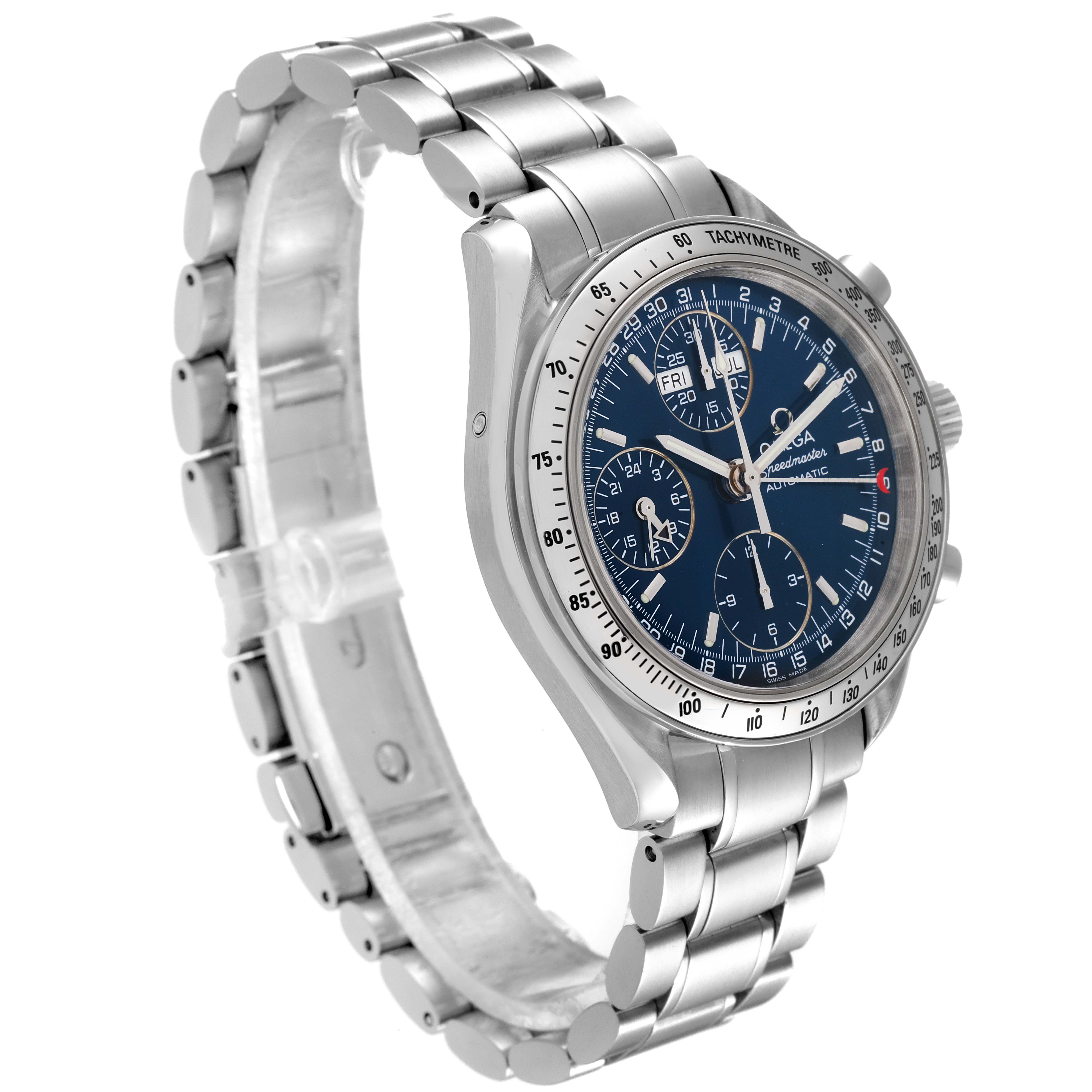 The image shows a side-angle view of an Omega Speedmaster 3523.80.00 Men
s Stainless Steel Blue Dial 3523.80.00 Men
s Stainless Steel Blue Dial watch displaying its dial, bezel, and metal bracelet.