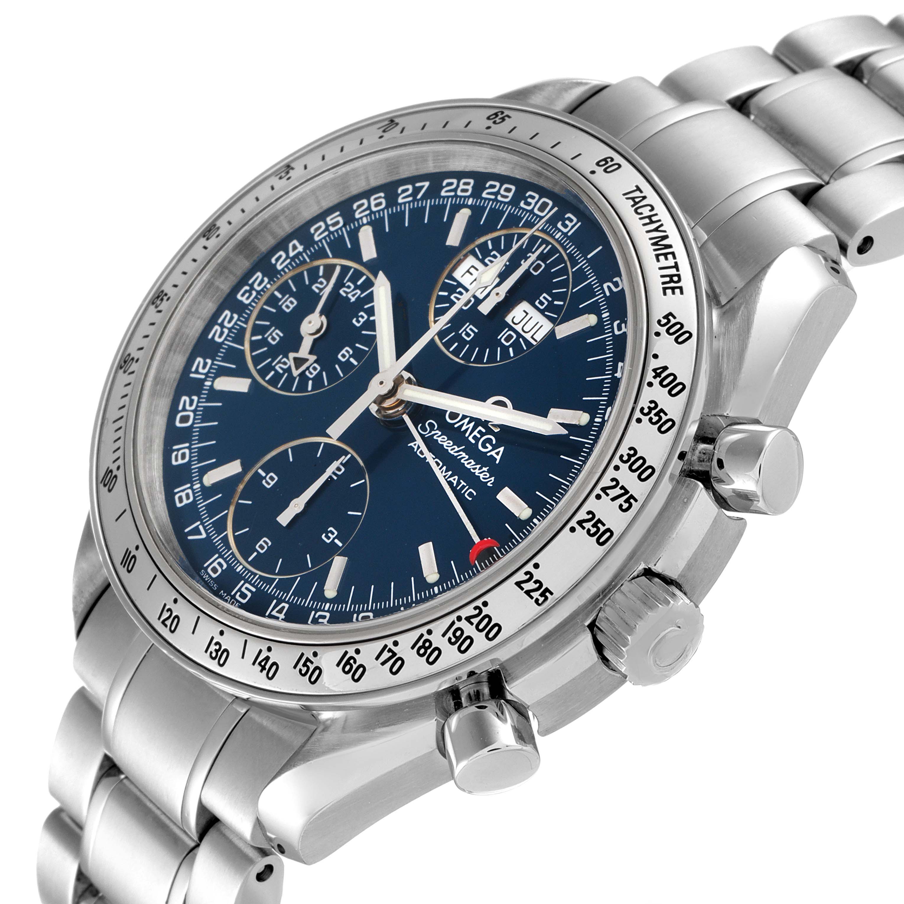 This image shows an Omega Speedmaster 3523.80.00 Men
s Stainless Steel Blue Dial 3523.80.00 Men
s Stainless Steel Blue Dial watch at an angled close-up, displaying its face, bracelet, and side pushers.