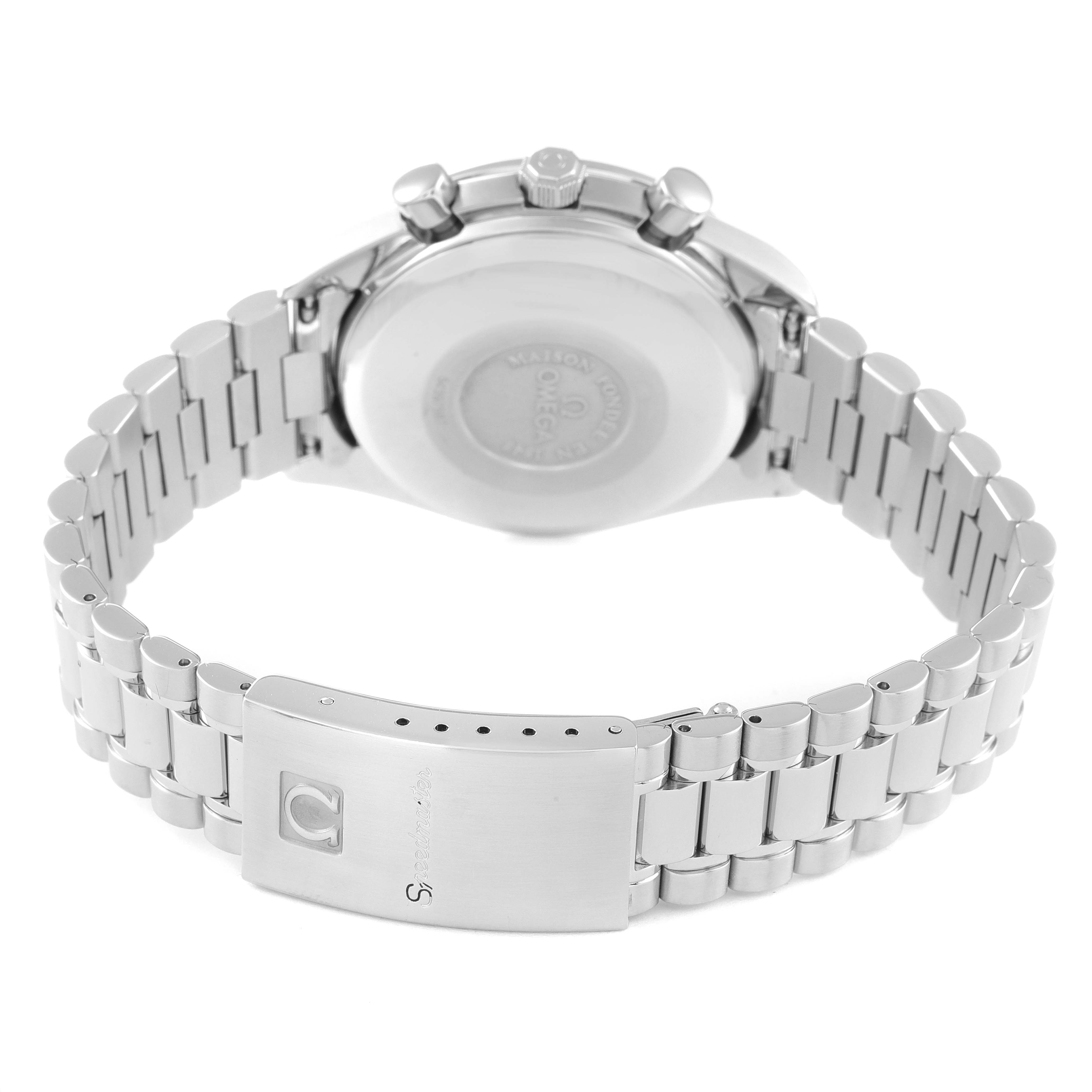The image shows the back of an Omega Speedmaster 3521.30.00 Men
s Stainless Steel Silver Dial 3521.30.00 Men
s Stainless Steel Silver Dial watch, focusing on the clasp and bracelet.