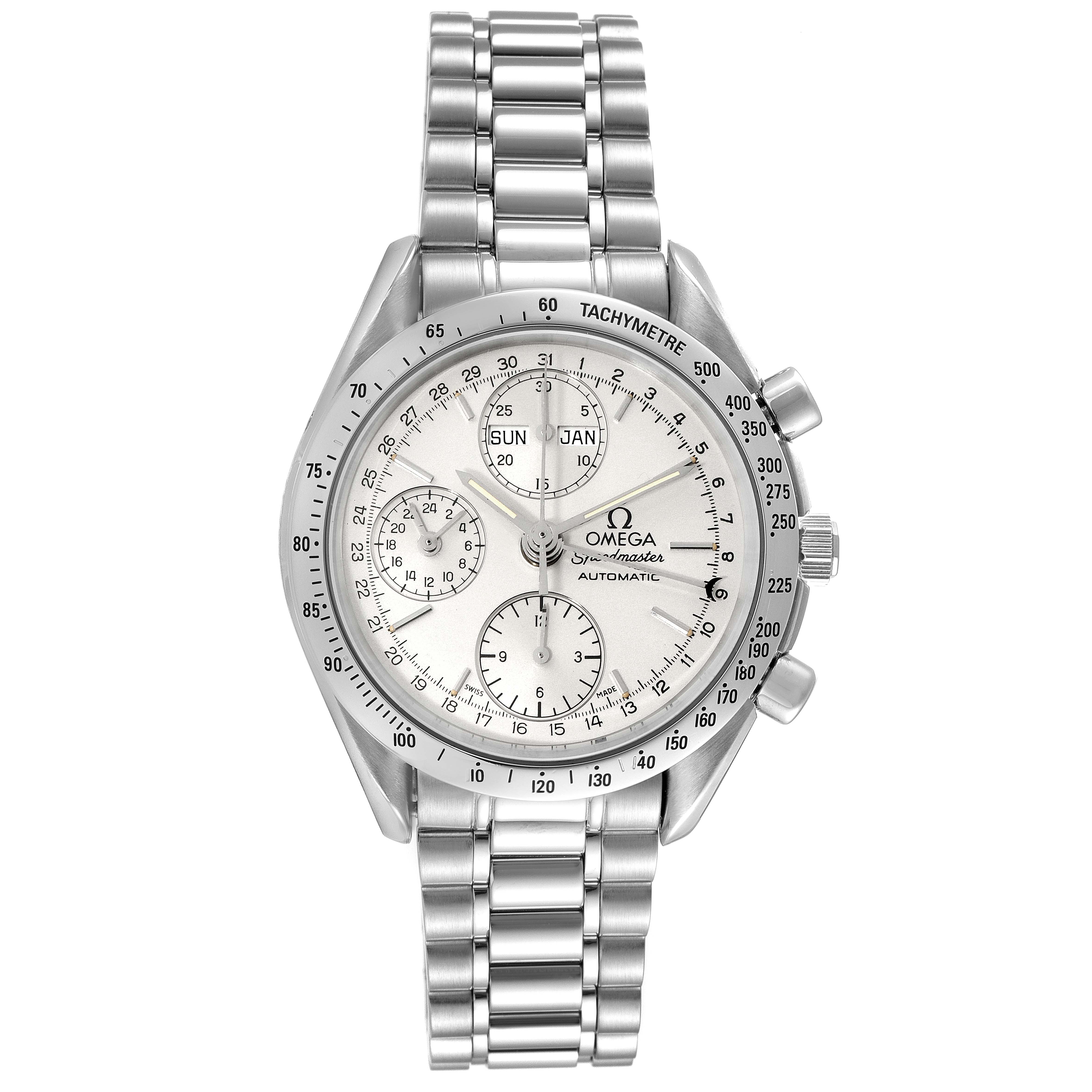The image shows a front view of an Omega Speedmaster 3521.30.00 Men
s Stainless Steel Silver Dial 3521.30.00 Men
s Stainless Steel Silver Dial watch, highlighting its bracelet, tachymeter bezel, and chronograph dials.