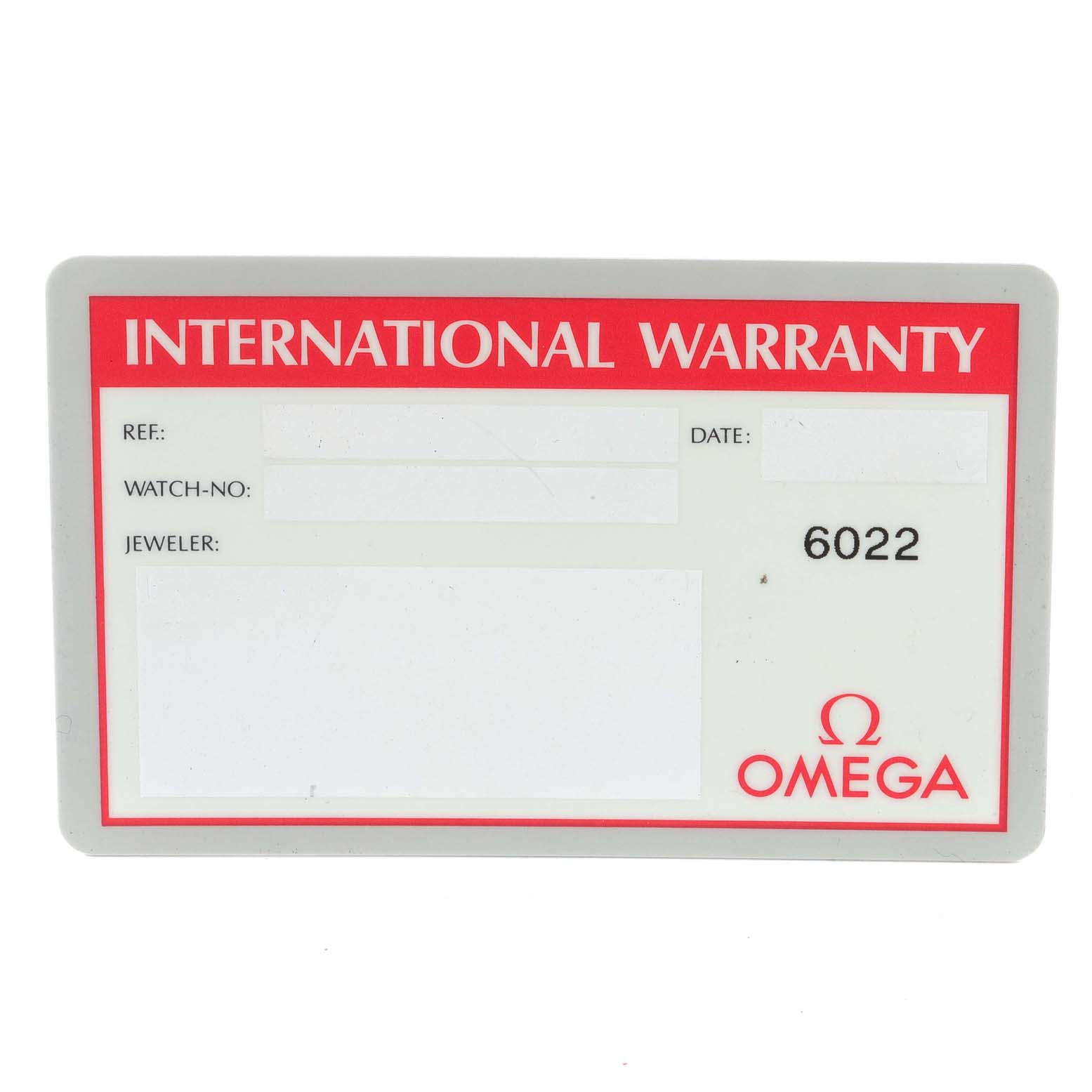 The image shows an international warranty card for an Omega Speedmaster 3521.30.00 Men
s Stainless Steel Silver Dial 3521.30.00 Men
s Stainless Steel Silver Dial watch, viewed from the front.