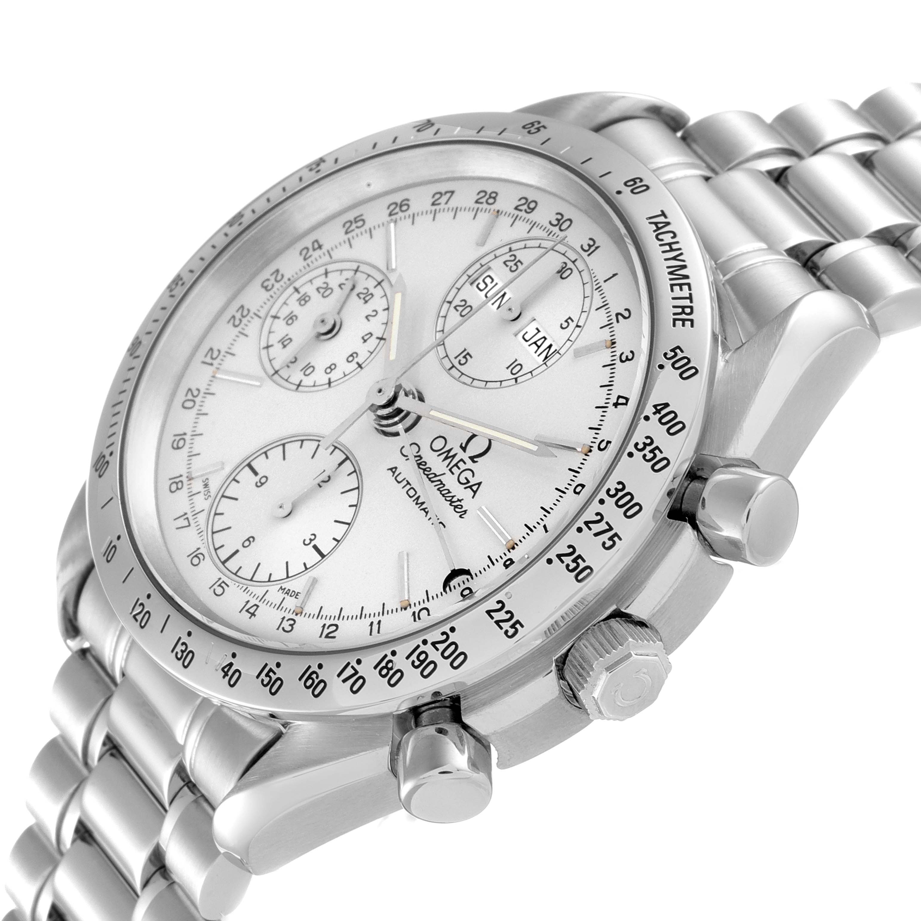 The image shows a close-up, angled view of the Omega Speedmaster 3521.30.00 Men
s Stainless Steel Silver Dial 3521.30.00 Men
s Stainless Steel Silver Dial watch, highlighting its tachymeter, chronograph dials, and stainless steel bracelet.
