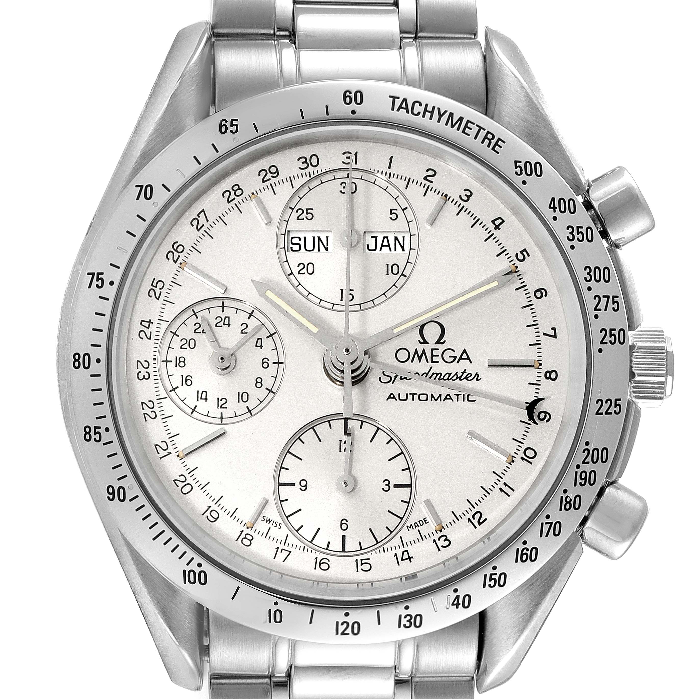 The image shows a front view of the Omega Speedmaster 3521.30.00 Men
s Stainless Steel Silver Dial 3521.30.00 Men
s Stainless Steel Silver Dial watch, highlighting its detailed dial and tachymeter bezel.
