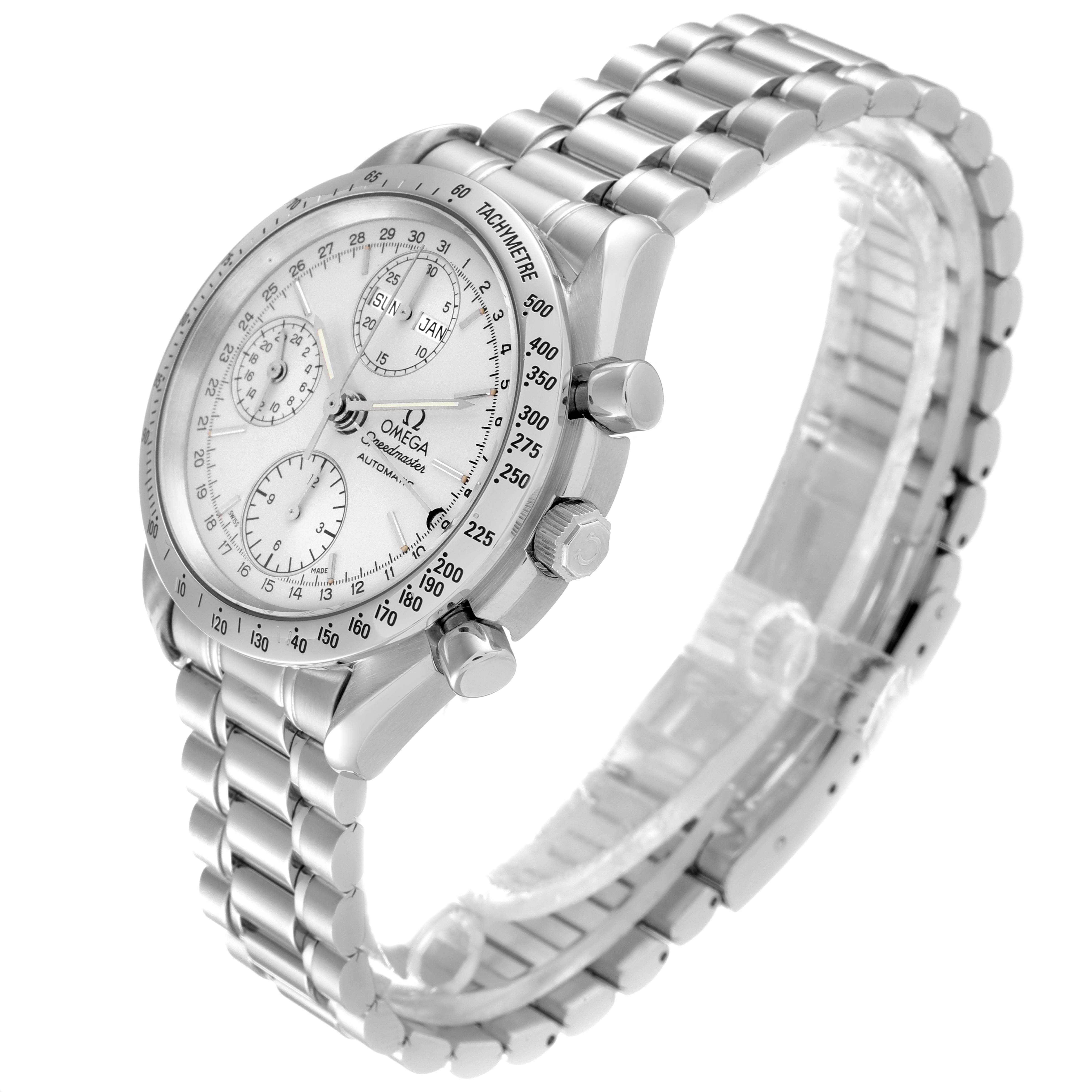 The Omega Speedmaster 3521.30.00 Men
s Stainless Steel Silver Dial 3521.30.00 Men
s Stainless Steel Silver Dial watch is shown at a three-quarter angle, highlighting its dial, bezel, pushers, crown, and metal bracelet.