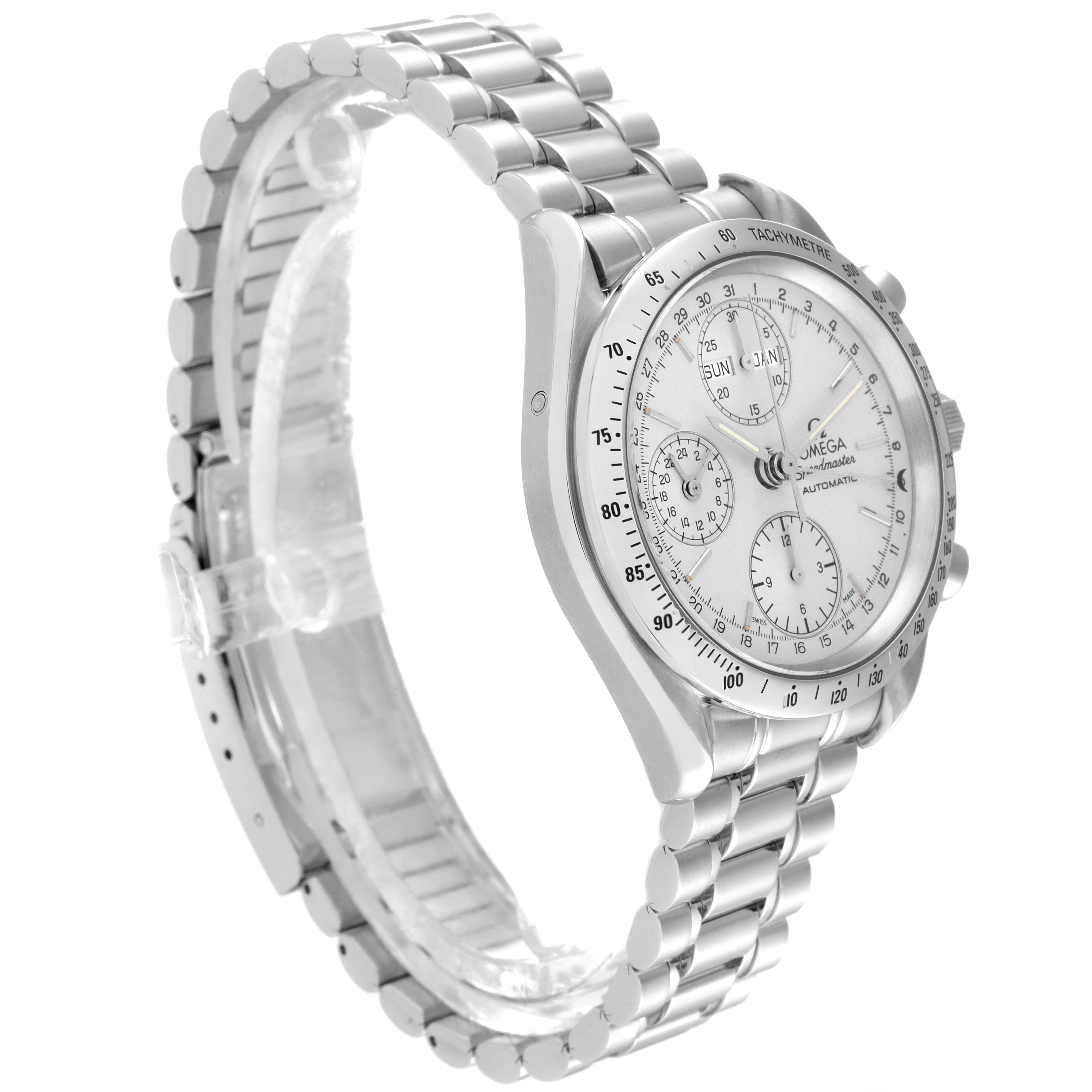 The Omega Speedmaster 3521.30.00 Men
s Stainless Steel Silver Dial 3521.30.00 Men
s Stainless Steel Silver Dial watch is shown at a three-quarter angle, highlighting its bezel, dials, and metal bracelet.