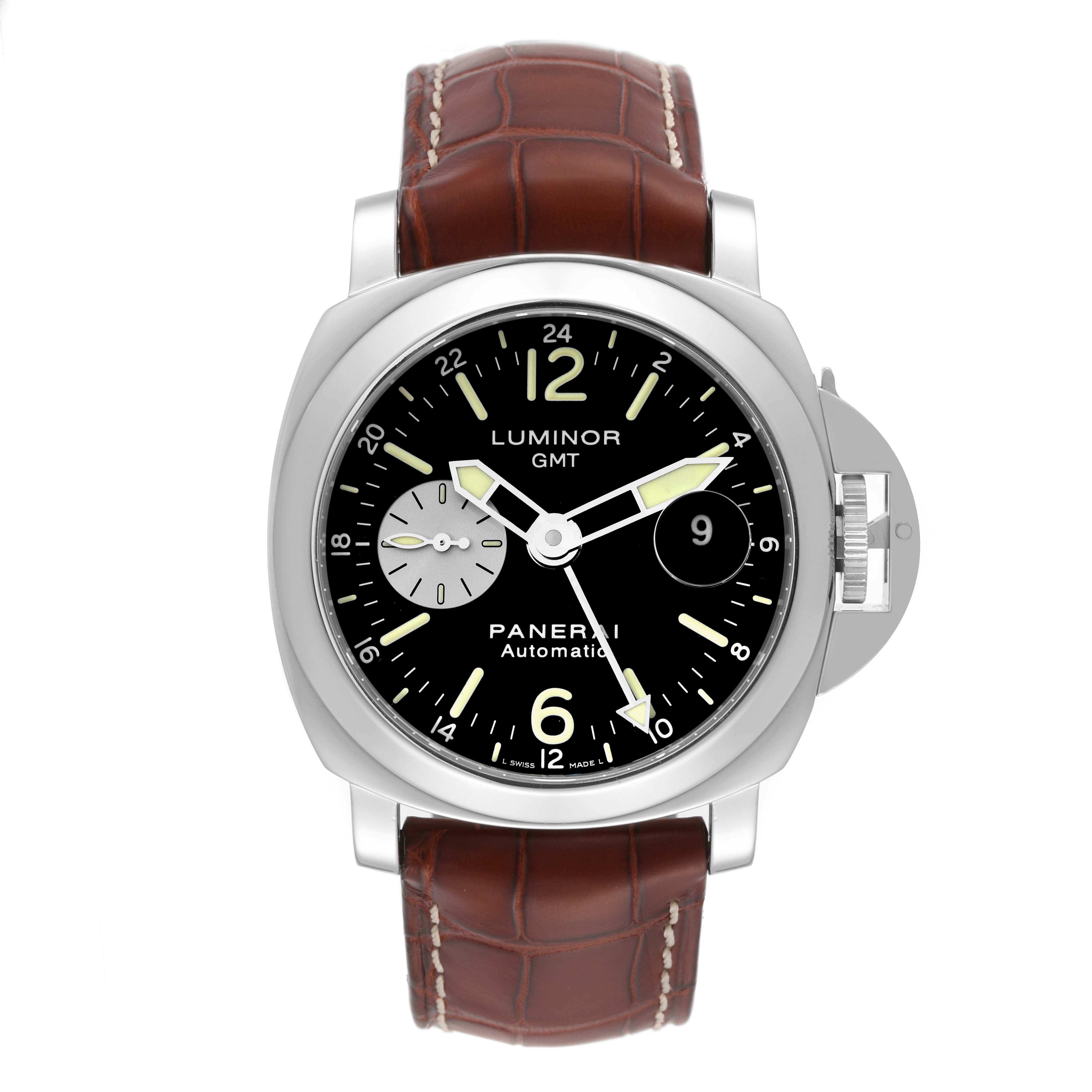 This image shows a front view of the Panerai Luminor PAM00088 Men
s Stainless Steel Black Dial PAM00088 Men
s Stainless Steel Black Dial GMT watch, with clear views of the dial, case, and brown leather strap.