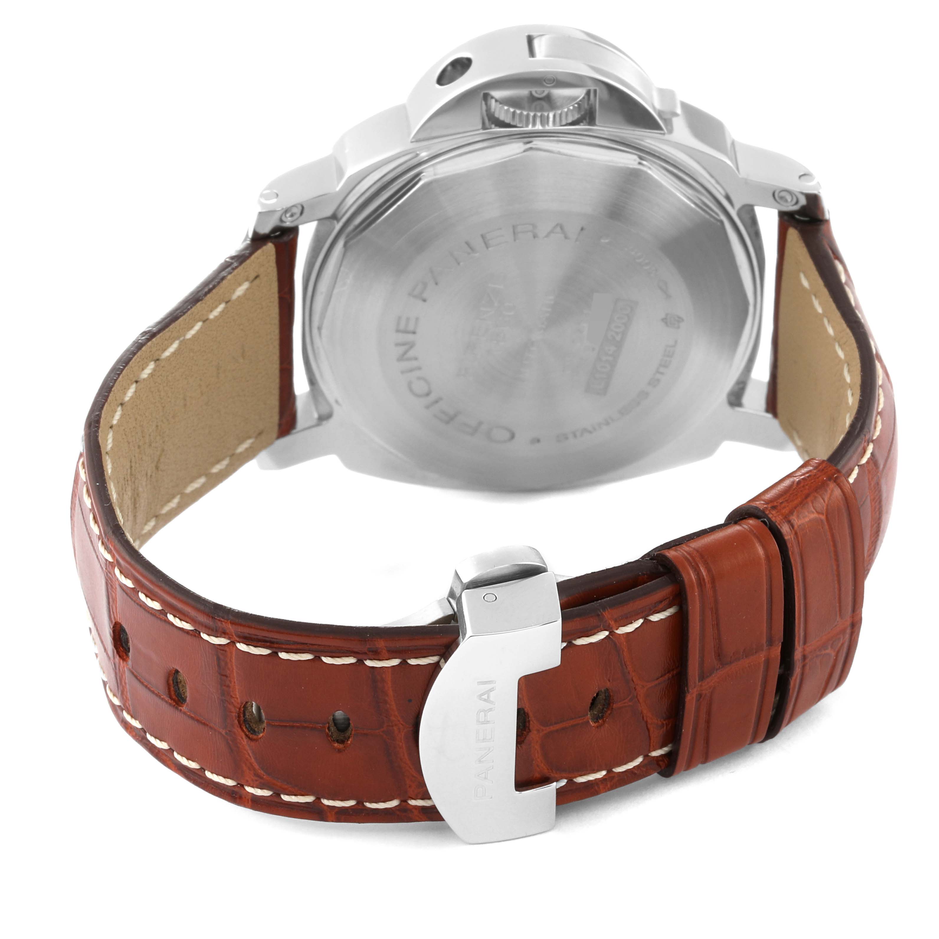 The image shows the back side of a Panerai Luminor PAM00088 Men
s Stainless Steel Black Dial PAM00088 Men
s Stainless Steel Black Dial watch, including the case back and brown leather strap with buckle.