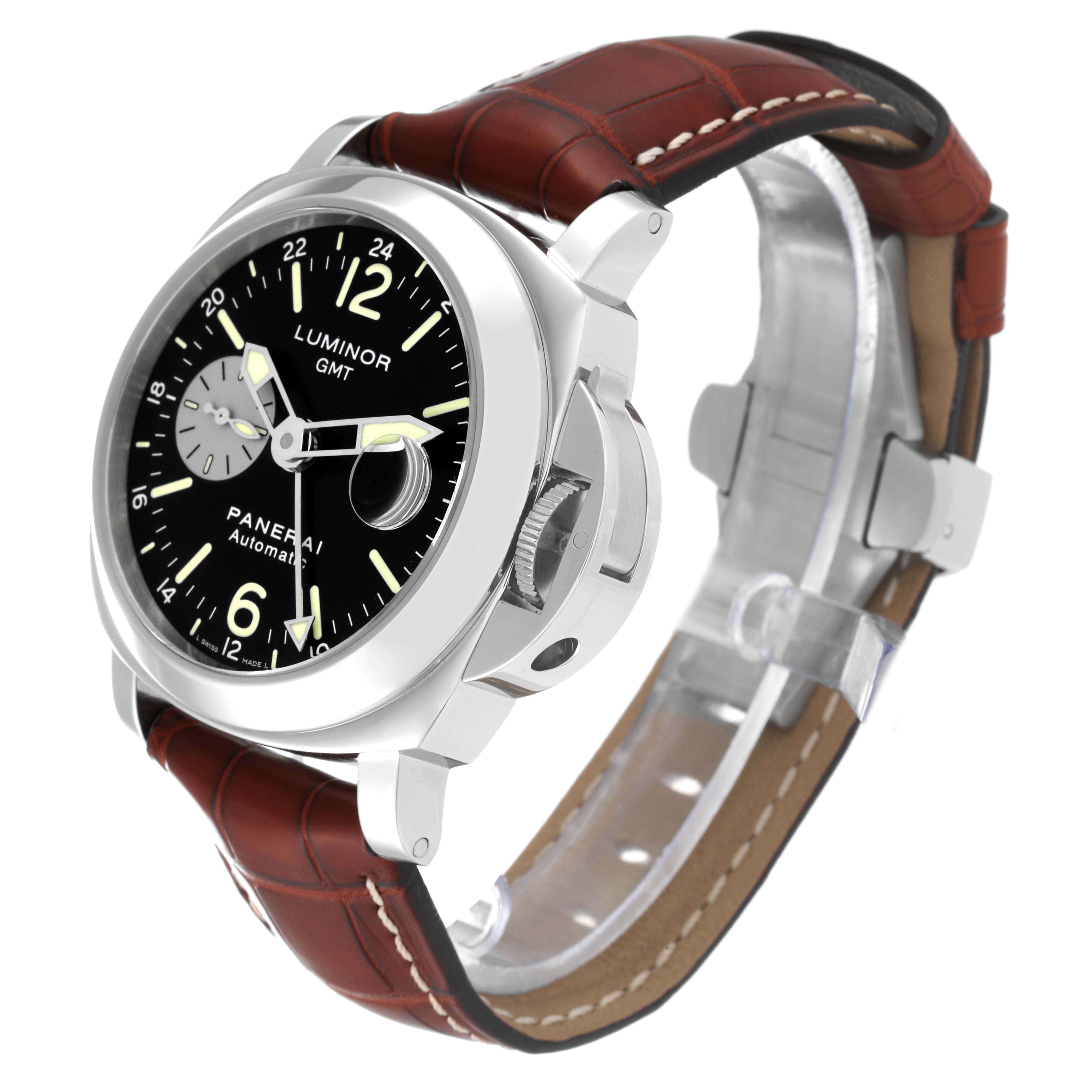 The image shows a Panerai Luminor PAM00088 Men
s Stainless Steel Black Dial PAM00088 Men
s Stainless Steel Black Dial watch at a three-quarter angle, showcasing its leather strap and detailed dial.