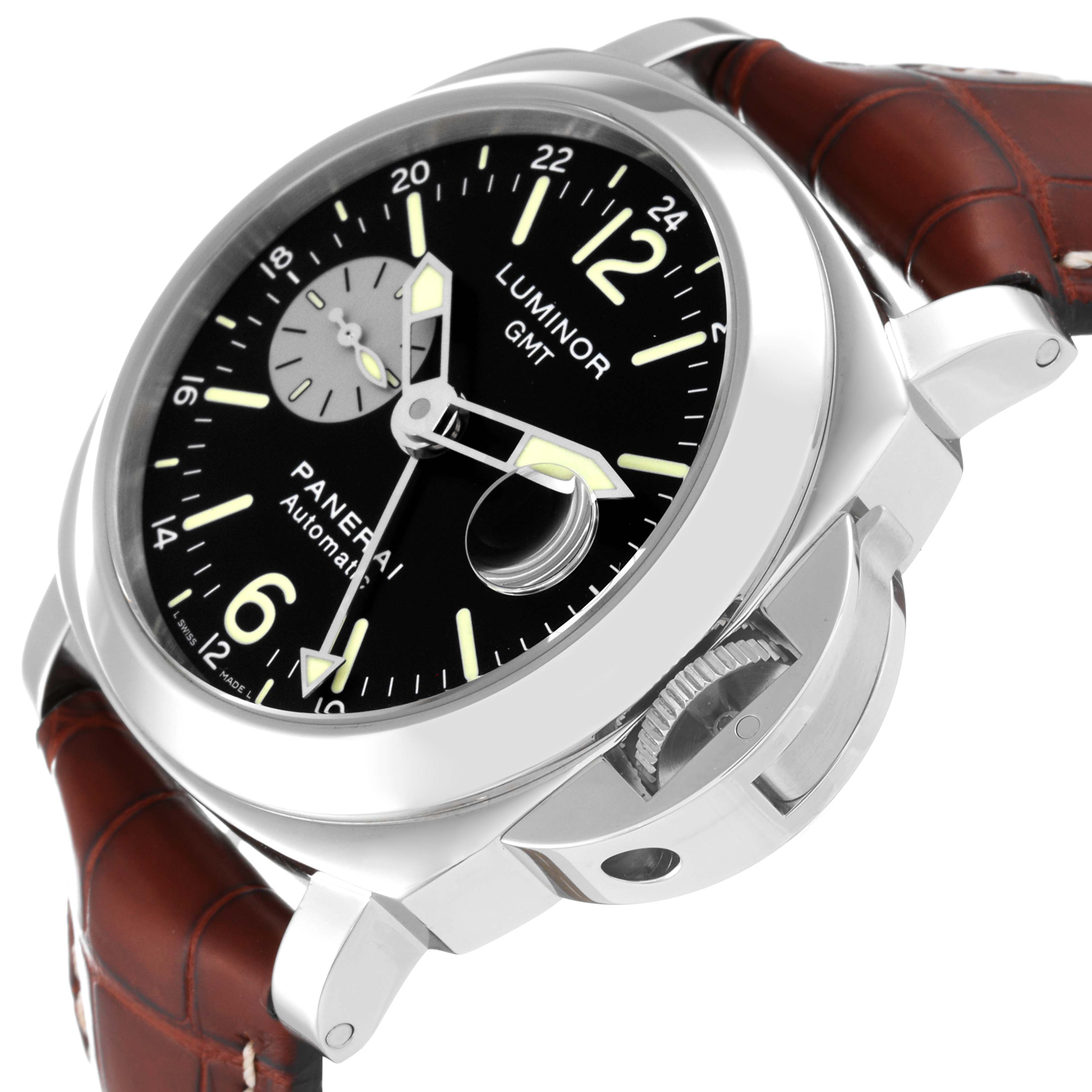 This Panerai Luminor PAM00088 Men
s Stainless Steel Black Dial PAM00088 Men
s Stainless Steel Black Dial model watch is shown at an angled close-up, displaying its black dial, crown, and brown leather strap.