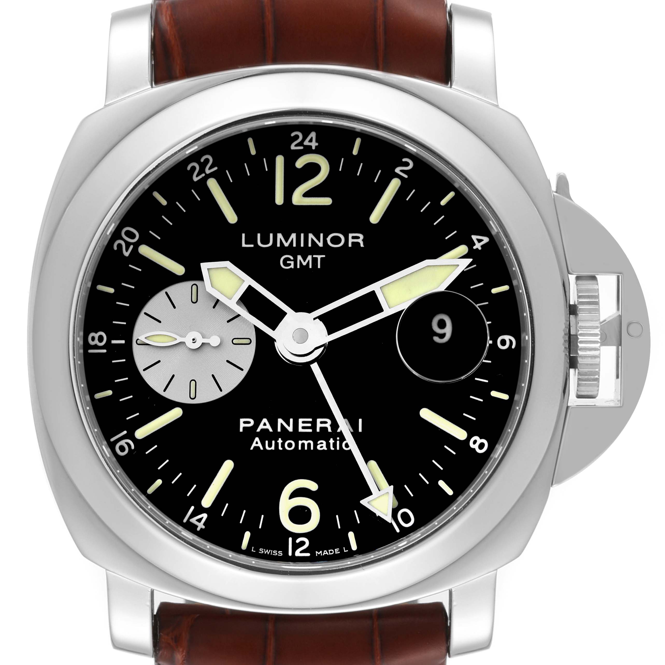 The image shows a front view of a Panerai Luminor PAM00088 Men
s Stainless Steel Black Dial PAM00088 Men
s Stainless Steel Black Dial watch with a black dial, luminous markers, and brown leather strap.