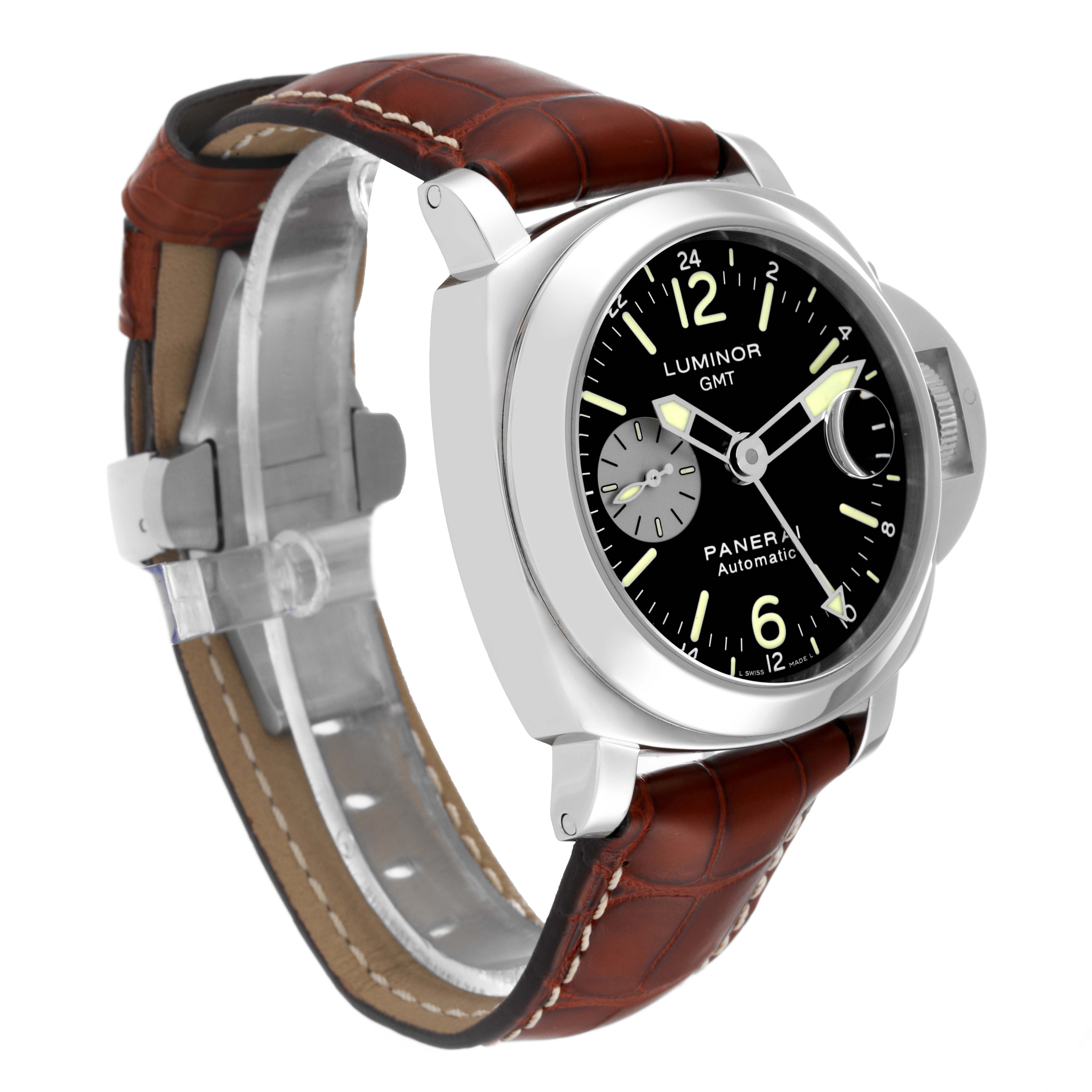 The image shows a Panerai Luminor PAM00088 Men
s Stainless Steel Black Dial PAM00088 Men
s Stainless Steel Black Dial GMT watch at an angle highlighting the face, case, brown leather strap, and crown guard.