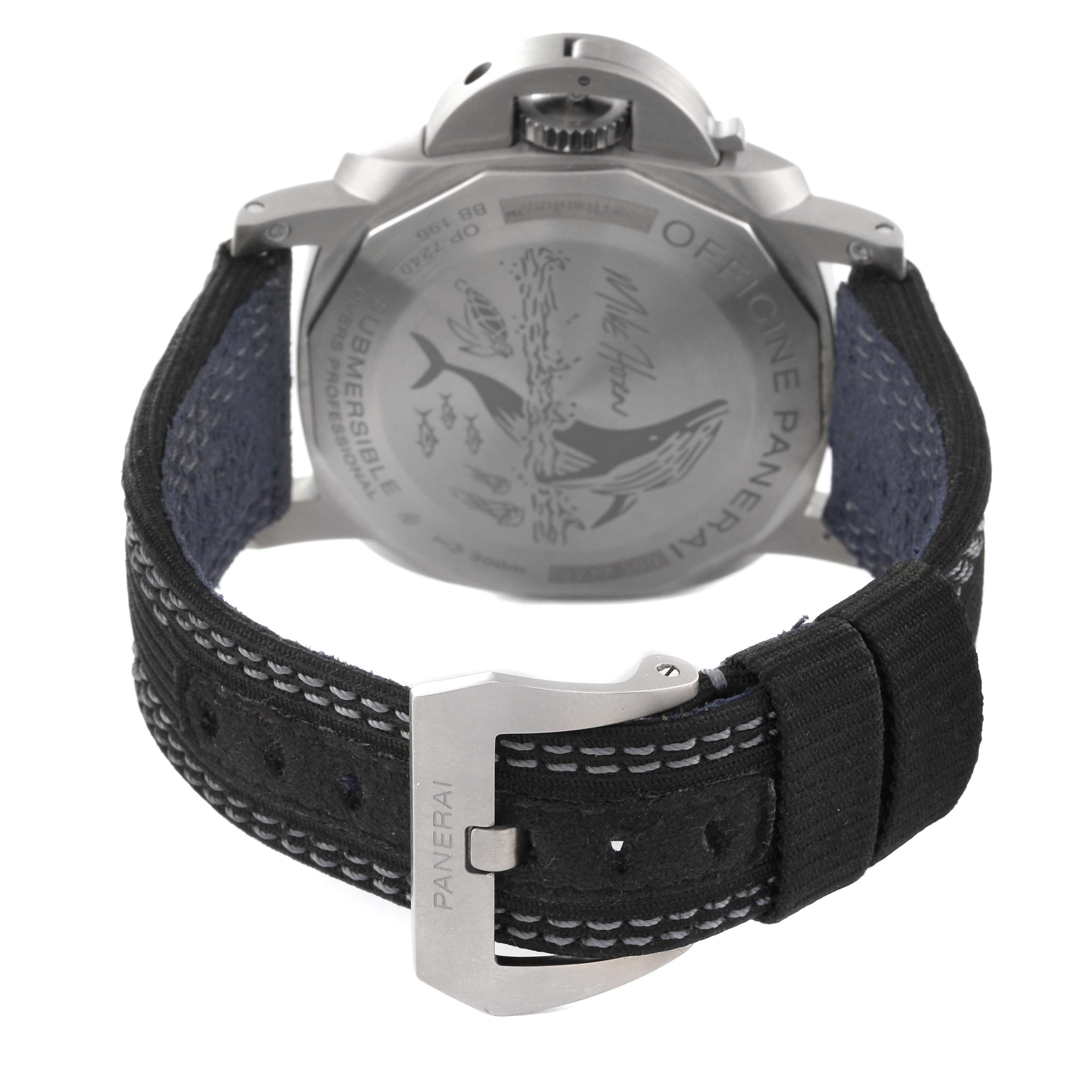 The image shows the back of a Panerai Submersible PAM00984 Men's Titanium Black Dial PAM00984 Men's Titanium Black Dial watch and its strap, focusing on the case back and buckle.