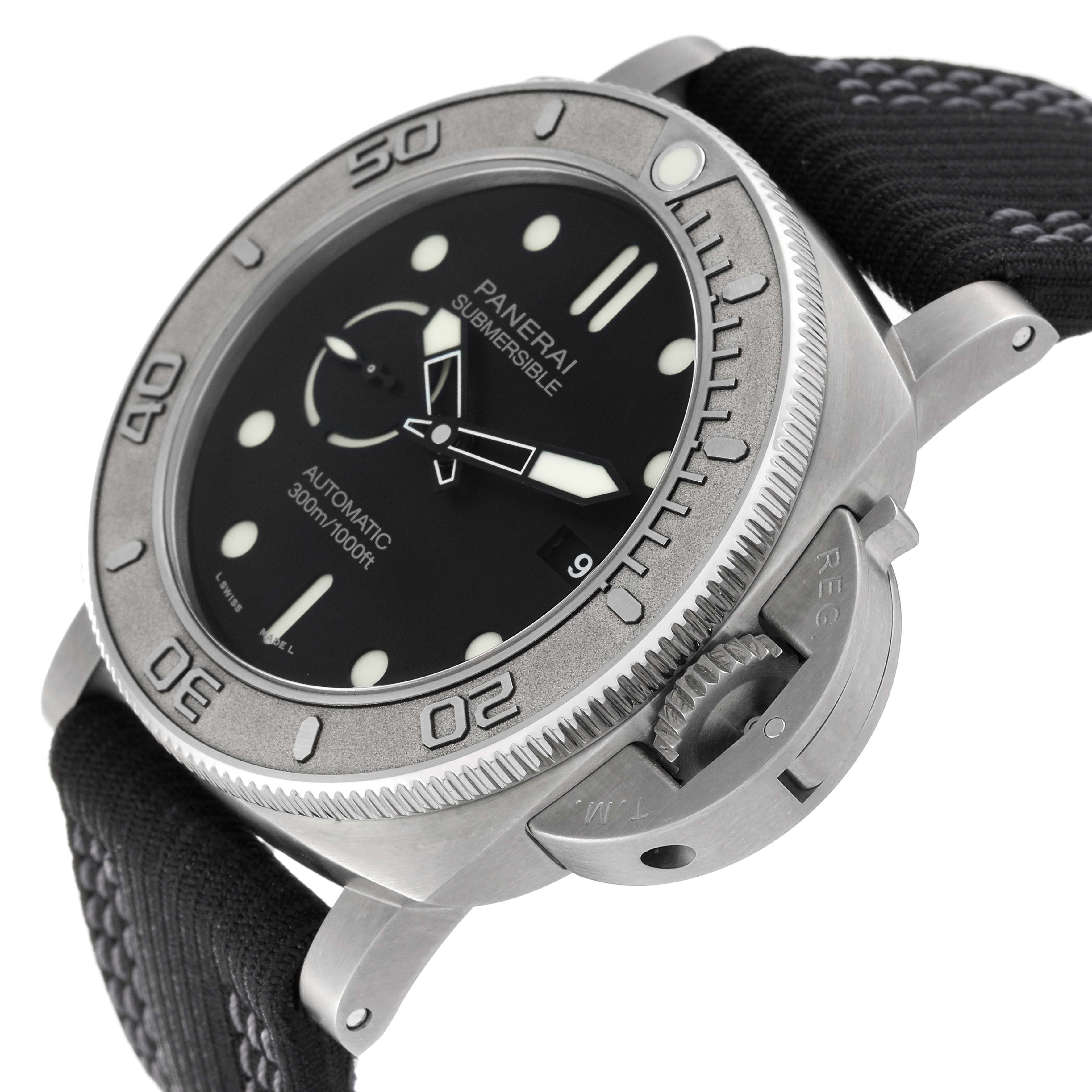 This image shows a Panerai Submersible PAM00984 Men's Titanium Black Dial PAM00984 Men's Titanium Black Dial watch from an angled perspective, displaying the bezel, dial, crown guard, and strap.