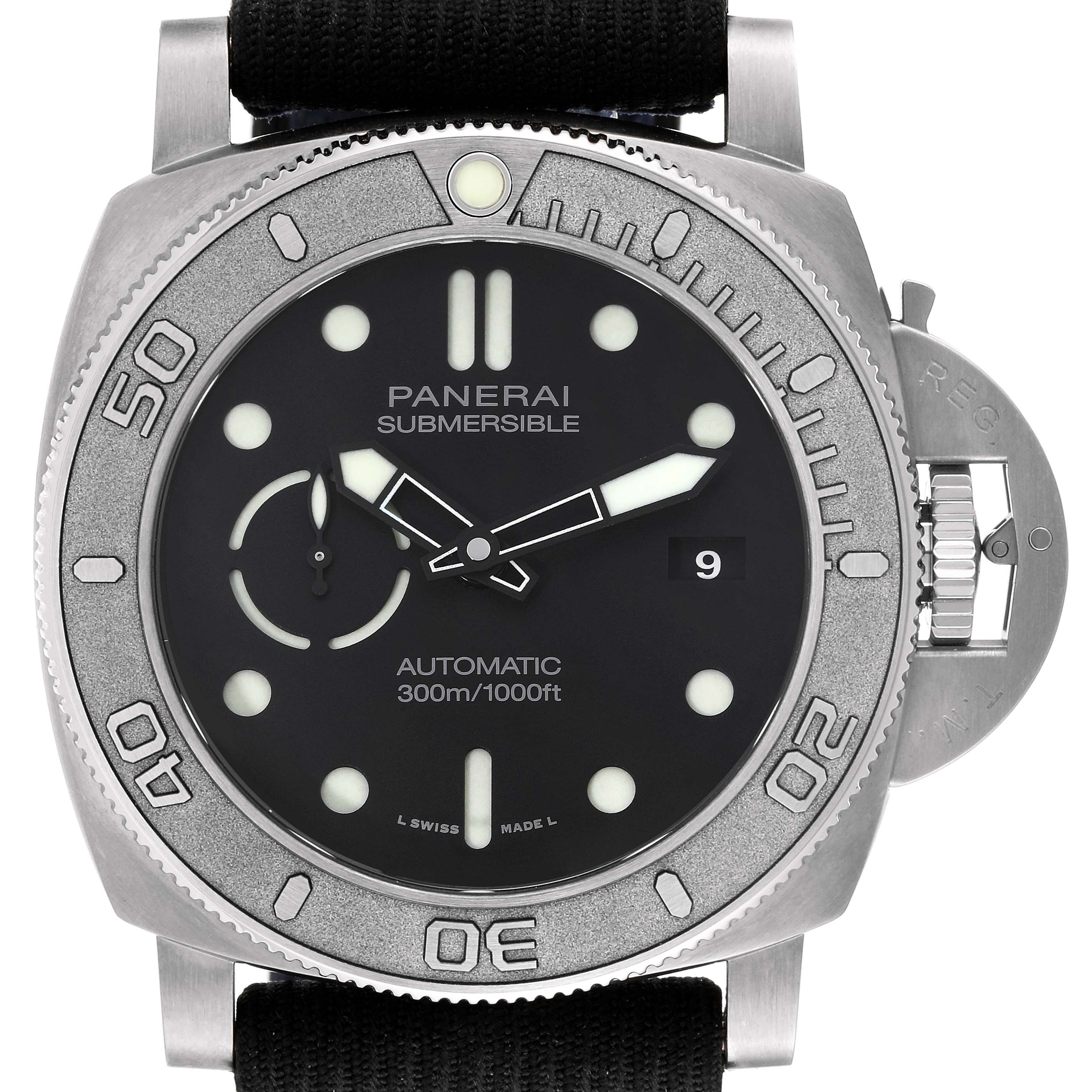 This image shows the front view of the Panerai Submersible PAM00984 Men's Titanium Black Dial PAM00984 Men's Titanium Black Dial watch, highlighting its dial, bezel, and crown guard.