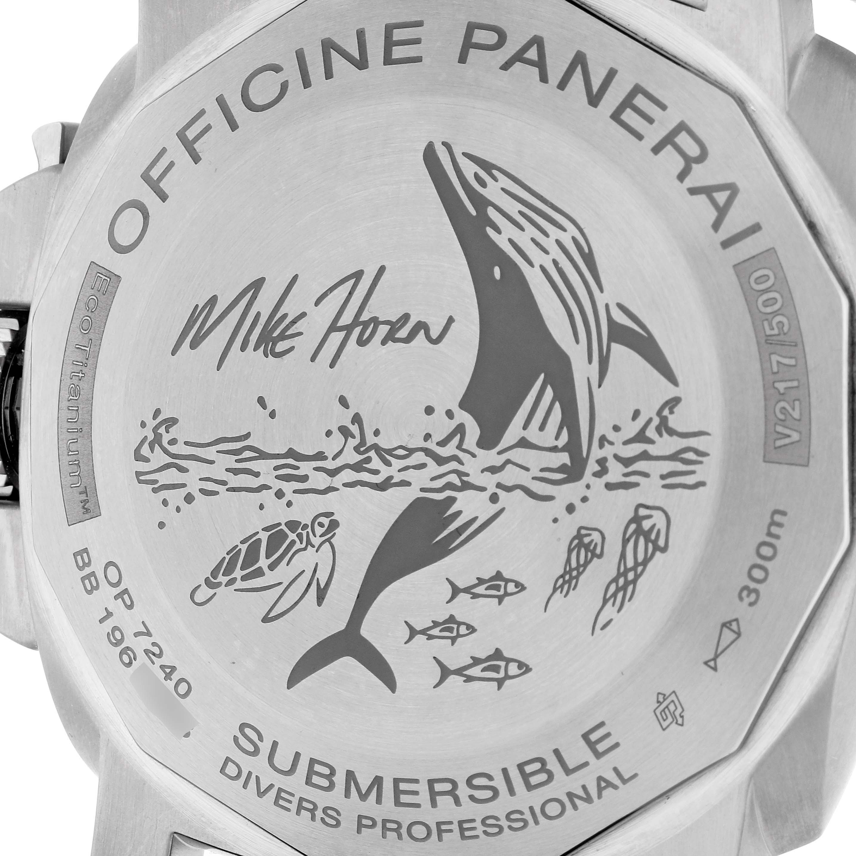 The image shows the back case of a Panerai Submersible PAM00984 Men's Titanium Black Dial PAM00984 Men's Titanium Black Dial watch featuring engraved design and specifications.