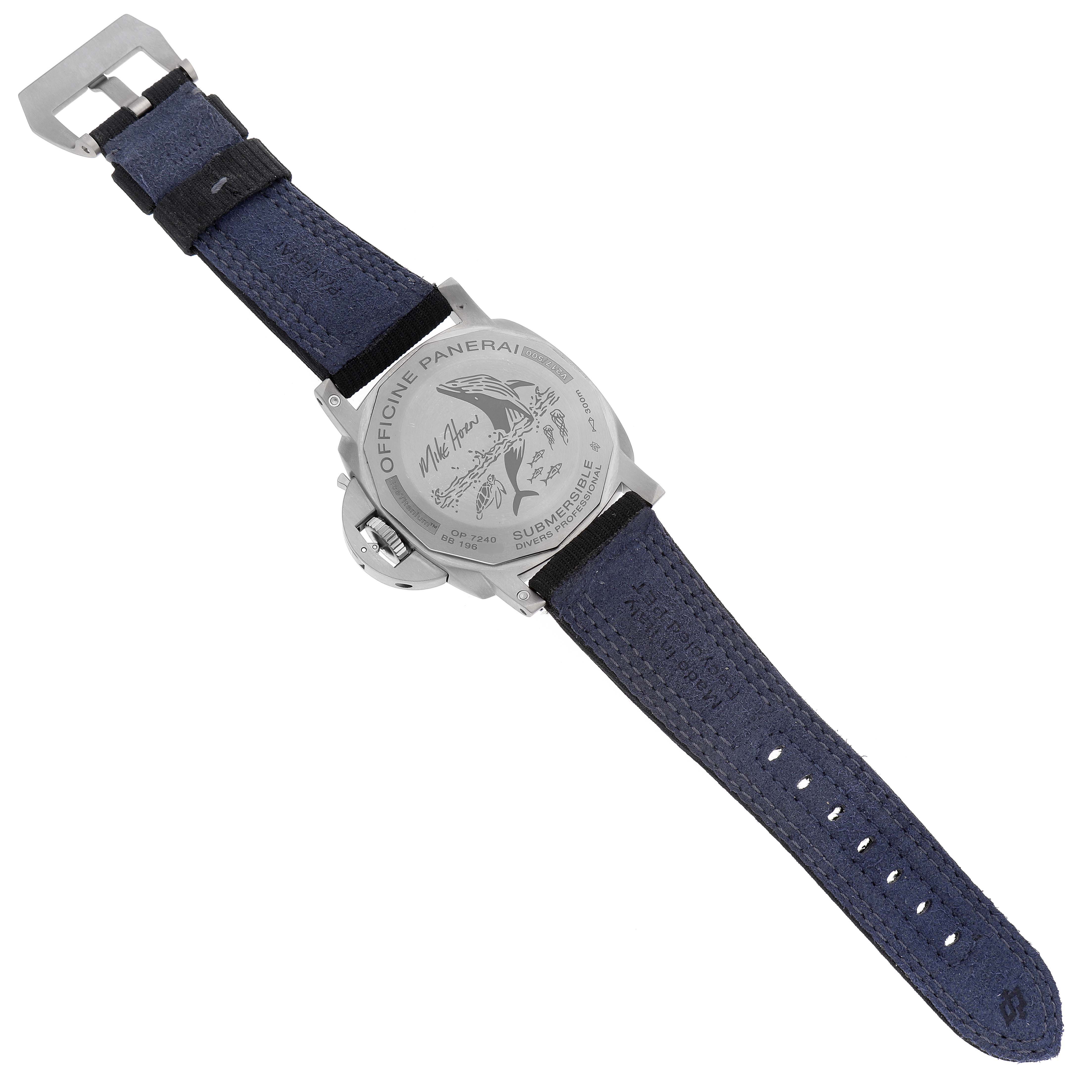 The image shows the back view of a Panerai Submersible PAM00984 Men's Titanium Black Dial PAM00984 Men's Titanium Black Dial watch, highlighting the case back and the blue strap.