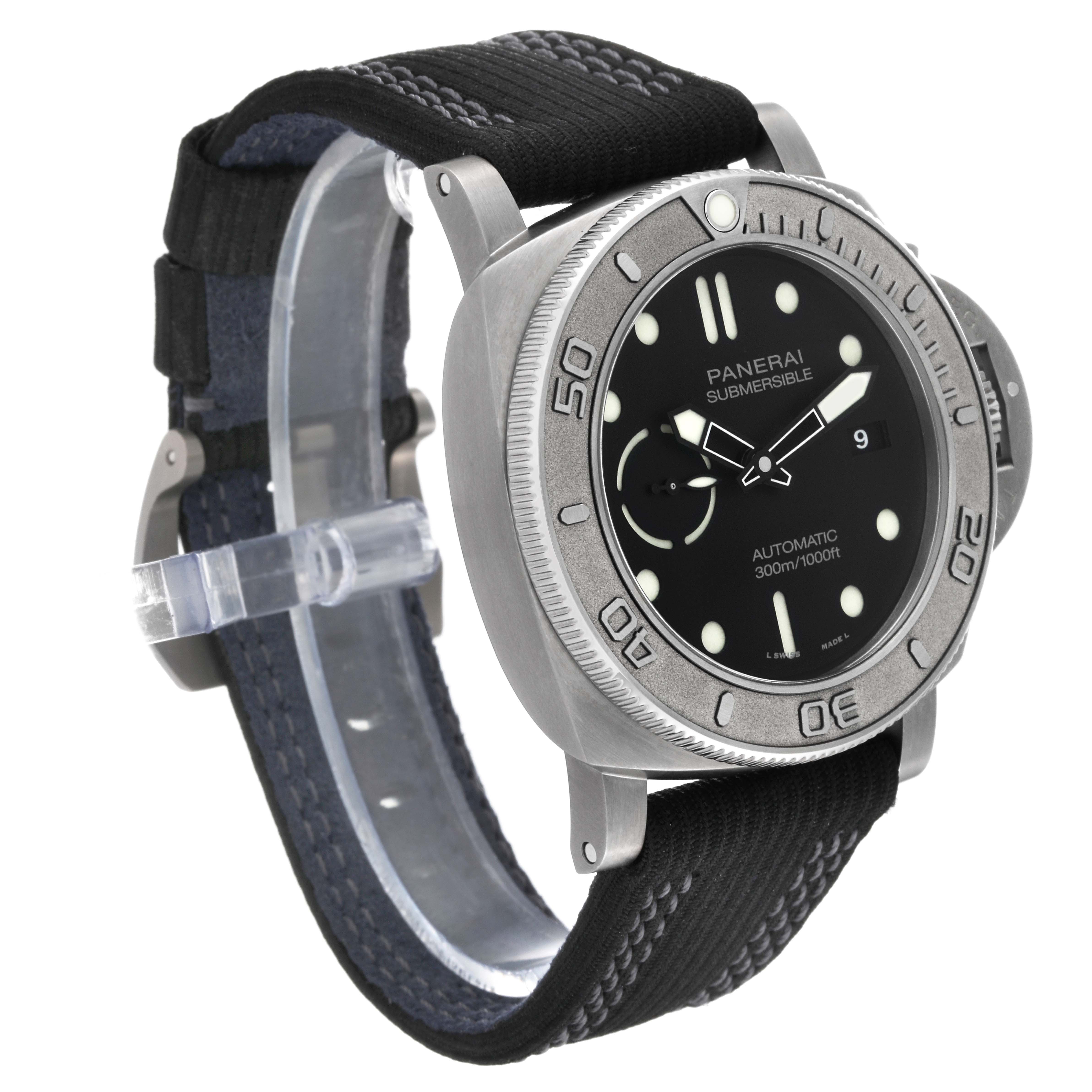 The image shows a Panerai Submersible PAM00984 Men's Titanium Black Dial PAM00984 Men's Titanium Black Dial watch angled from the front-left, highlighting the face, bezel, and strap.