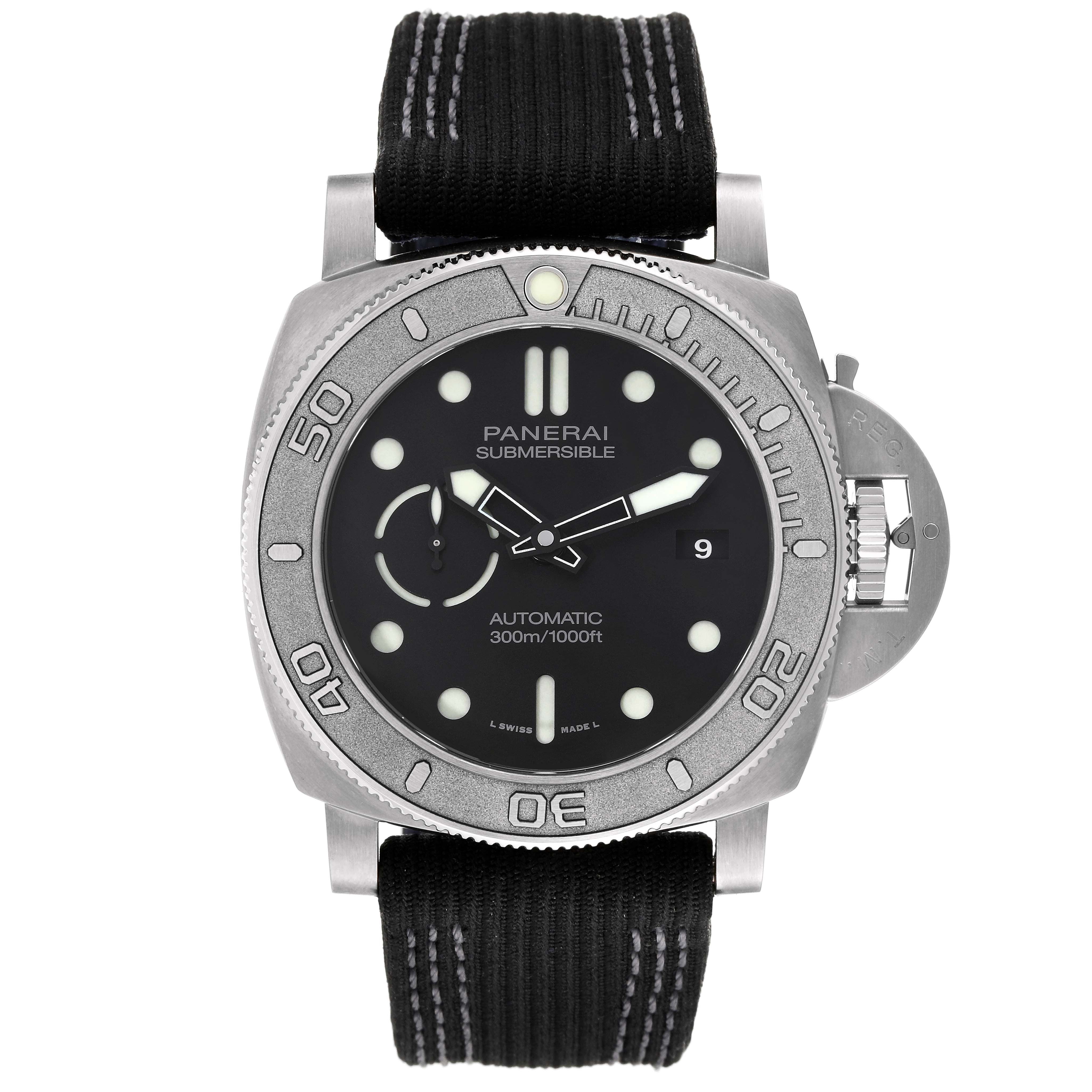 The image shows a front view of the Panerai Submersible PAM00984 Men's Titanium Black Dial PAM00984 Men's Titanium Black Dial watch, highlighting the bezel, dial, and strap.