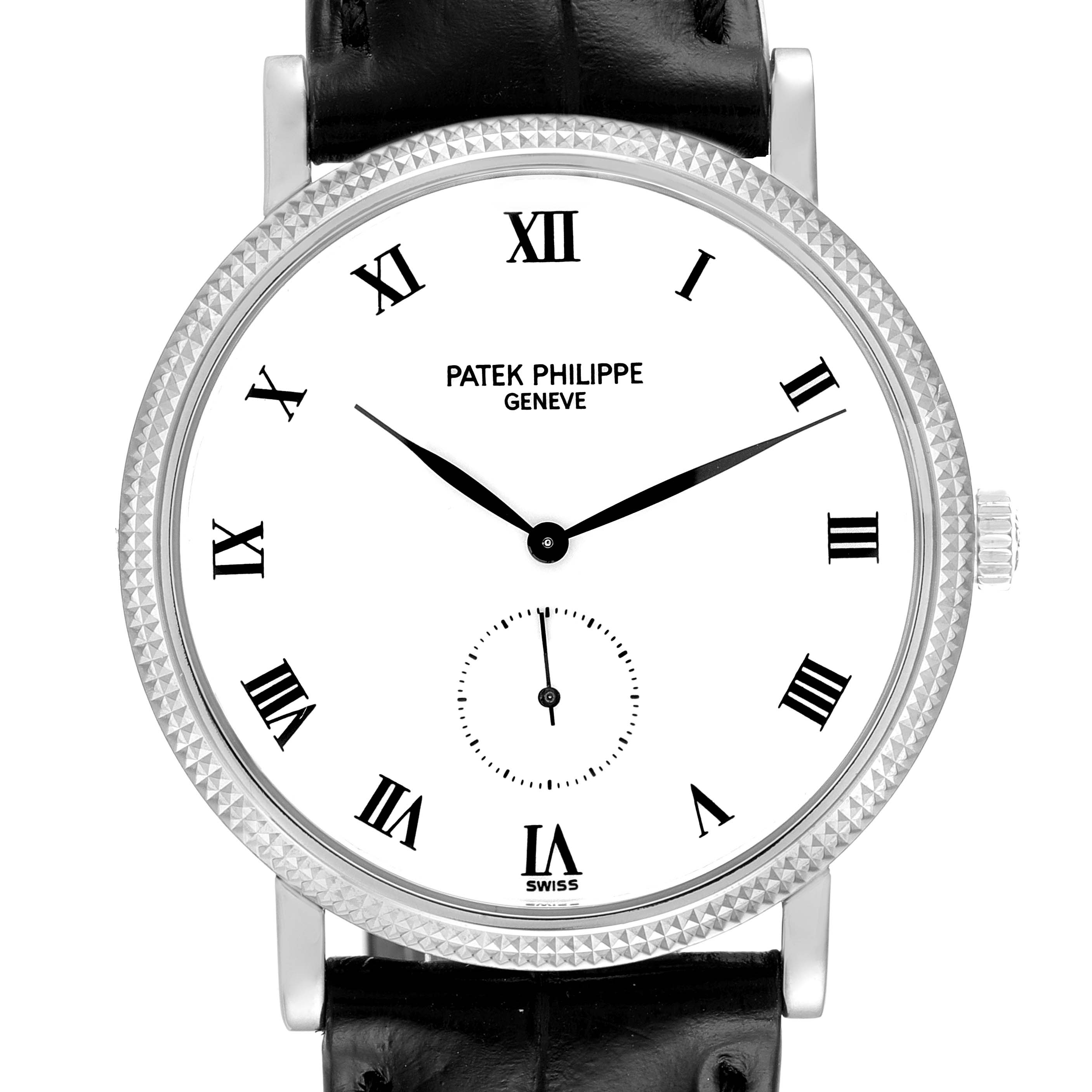 This is a front view of the Patek Philippe Calatrava 3919 Men's White Gold White Dial 3919 Men's White Gold White Dial watch showing its dial, hour markers, hands, and crown.
