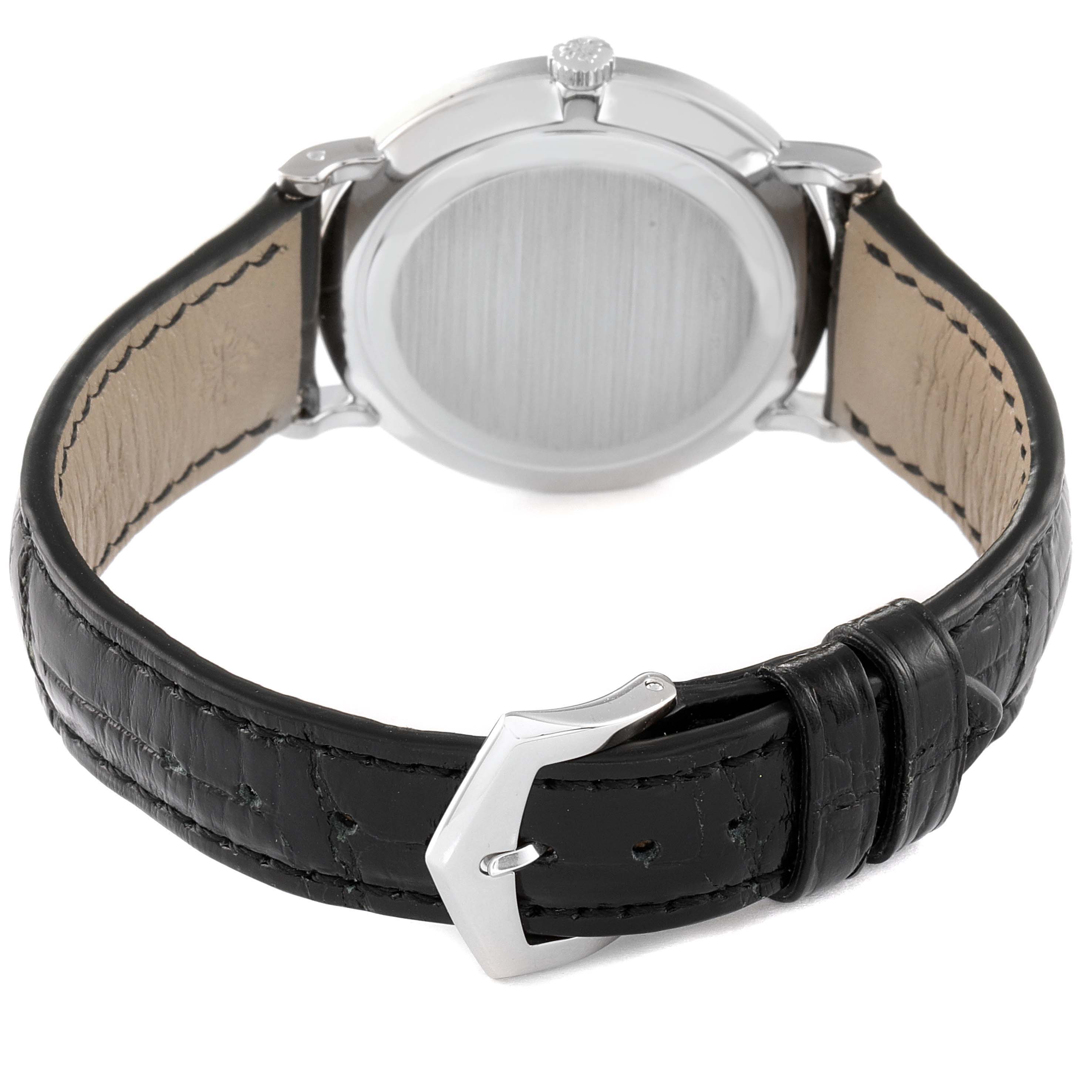 The image shows the case back, crown, and strap buckle of a Patek Philippe Calatrava 3919 Men's White Gold White Dial 3919 Men's White Gold White Dial watch from a rear angle.