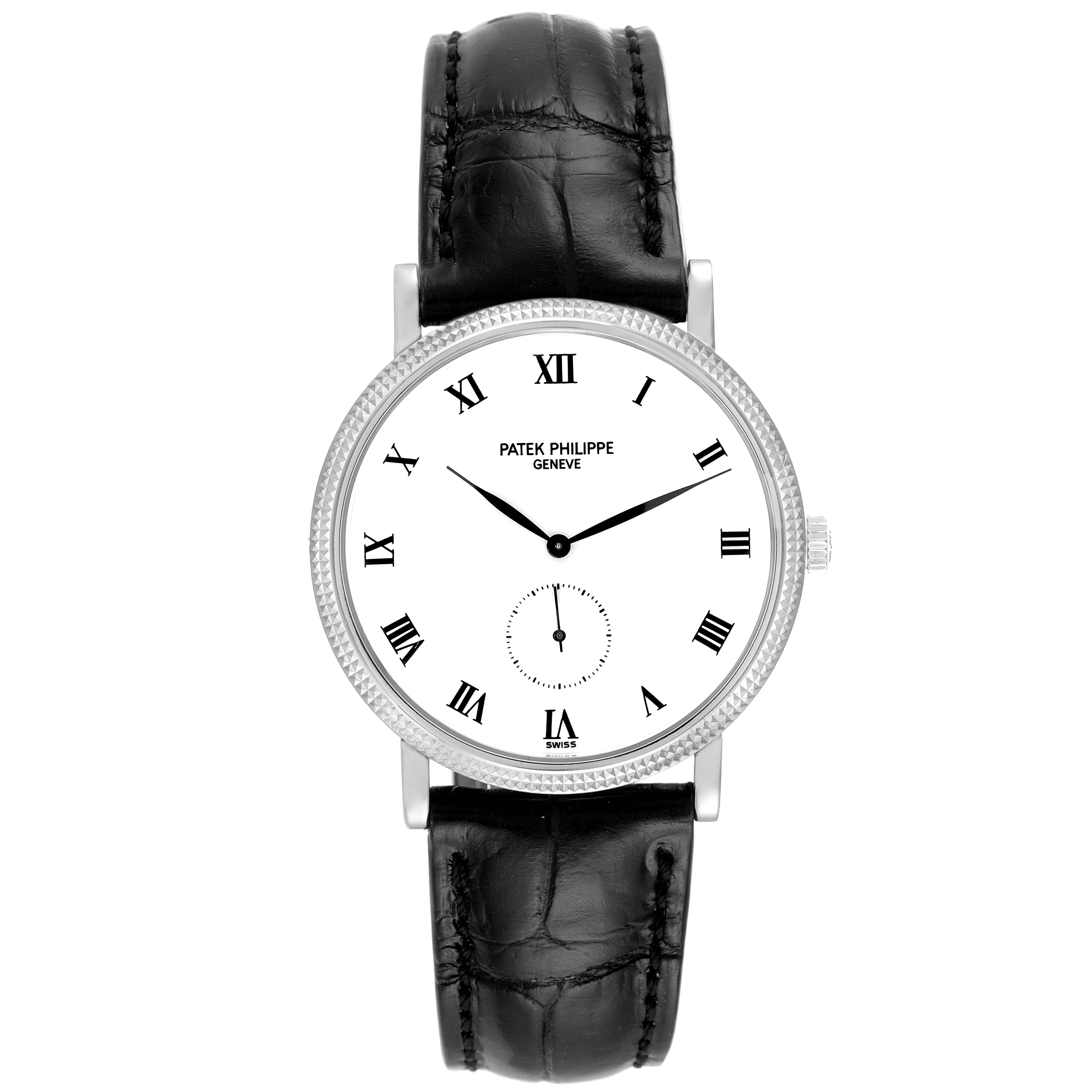 This image shows a front view of a Patek Philippe Calatrava 3919 Men's White Gold White Dial 3919 Men's White Gold White Dial watch with a white dial and black leather strap.