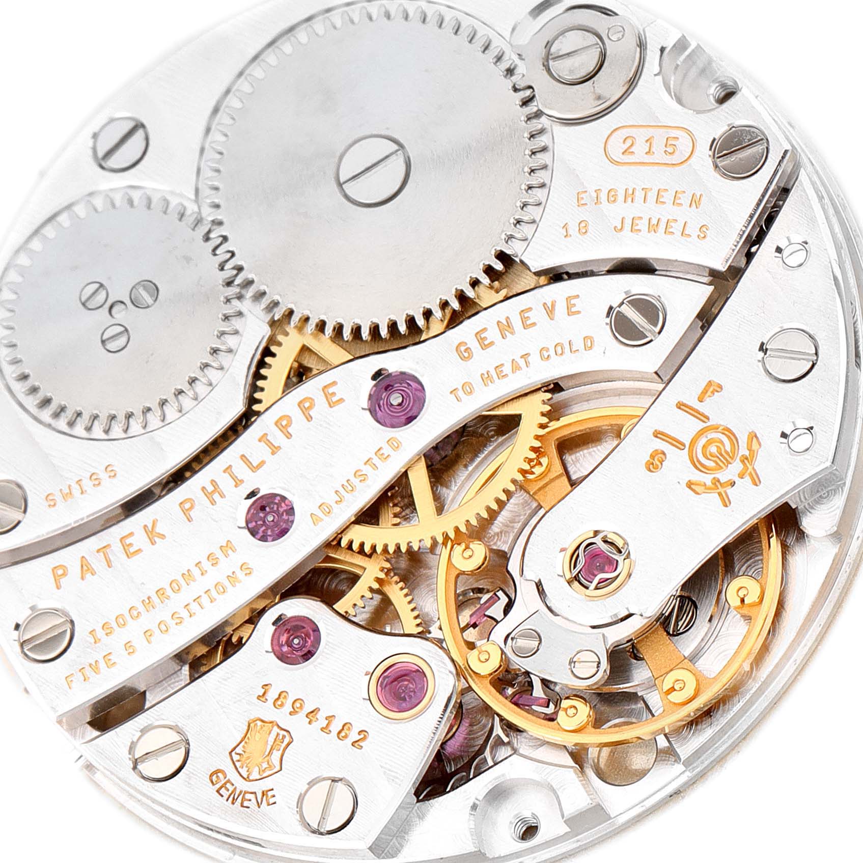 This image shows the intricate movement mechanism of the Patek Philippe Calatrava 3919 Men's White Gold White Dial 3919 Men's White Gold White Dial watch from a top-down angle.