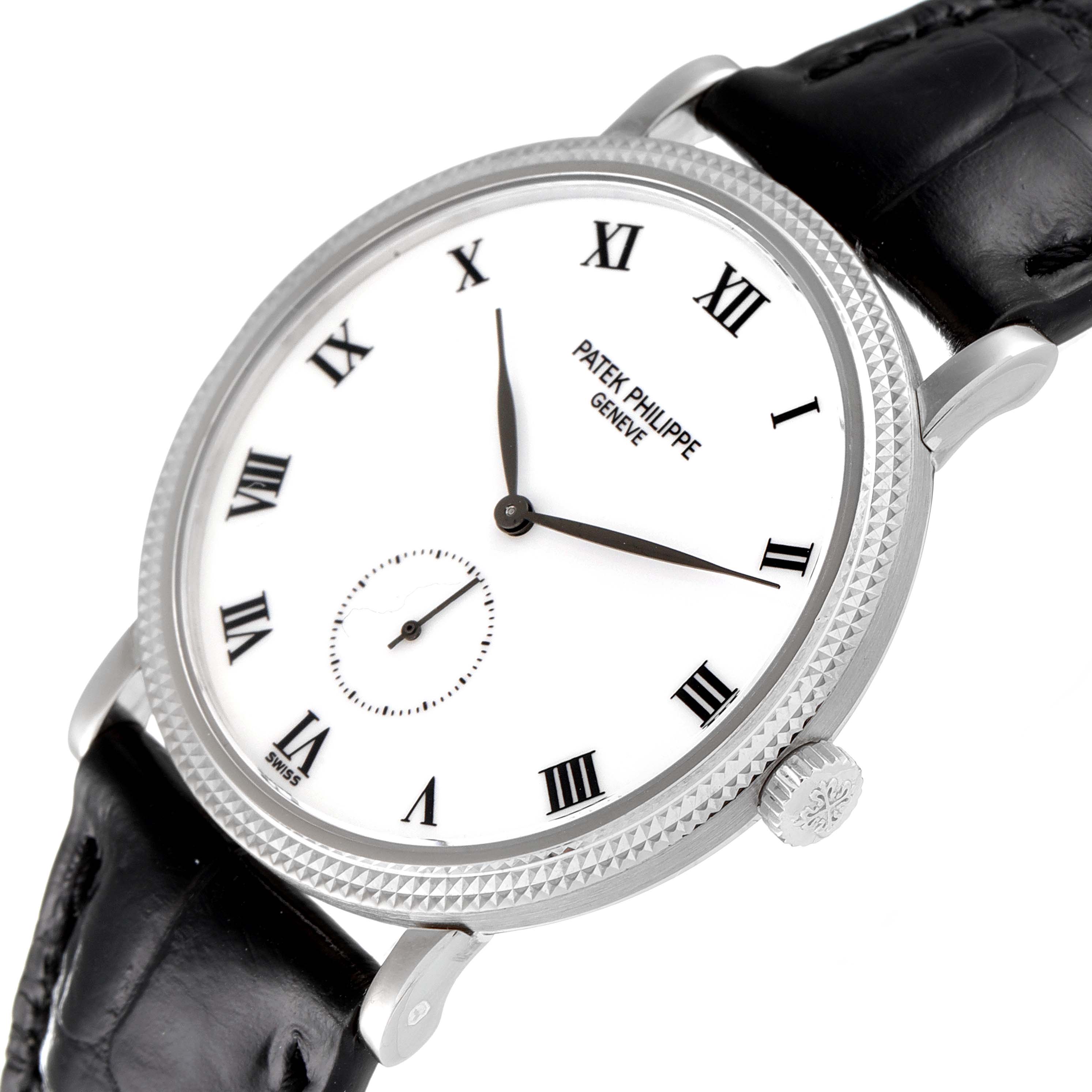 The image shows a Patek Philippe Calatrava 3919 Men's White Gold White Dial 3919 Men's White Gold White Dial watch at an oblique angle, displaying the face, bezel, crown, and leather strap.