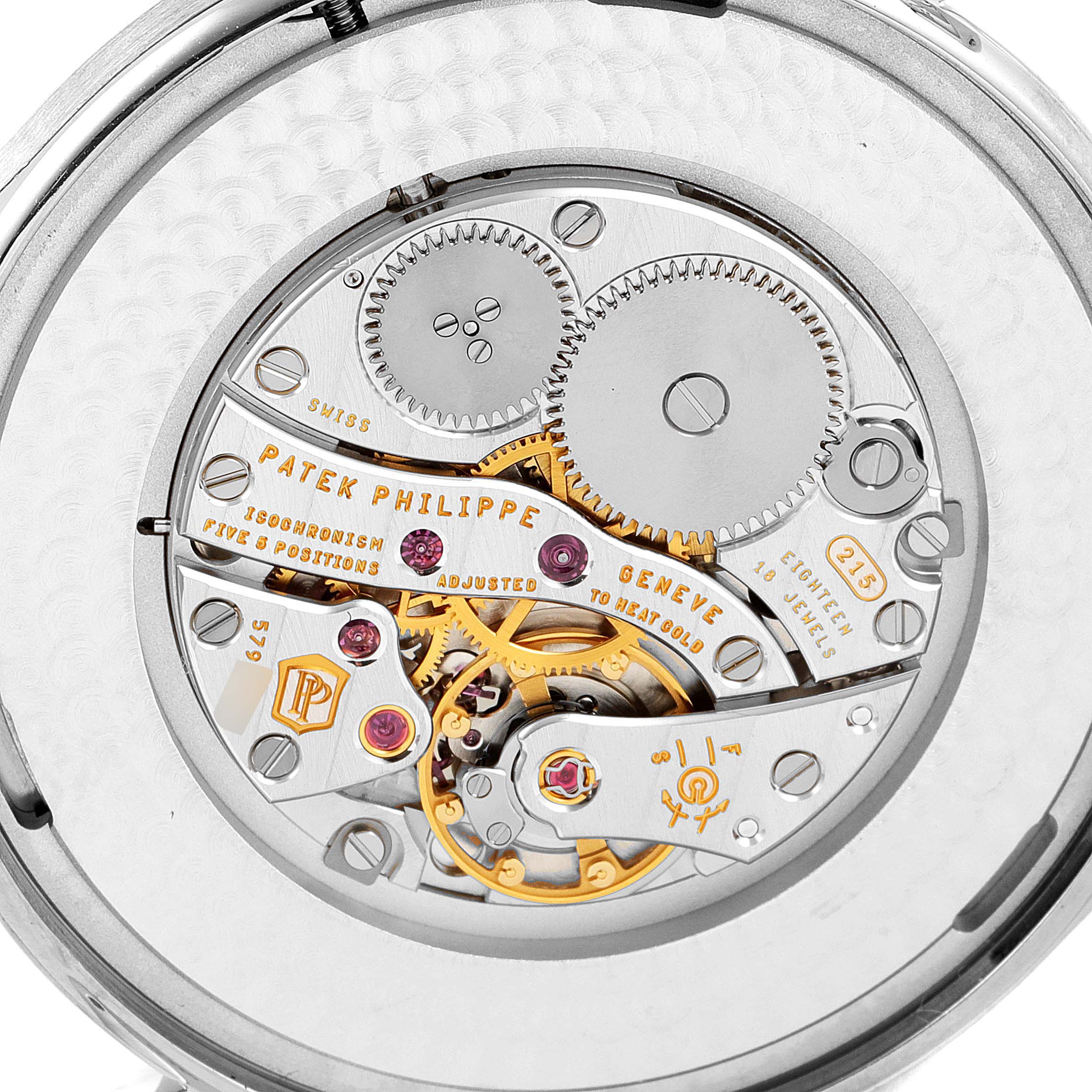 This image shows the back view of a Patek Philippe Calatrava 5196G Men's White Gold Silver Dial 5196G Men's White Gold Silver Dial watch, highlighting its intricate movement mechanism.