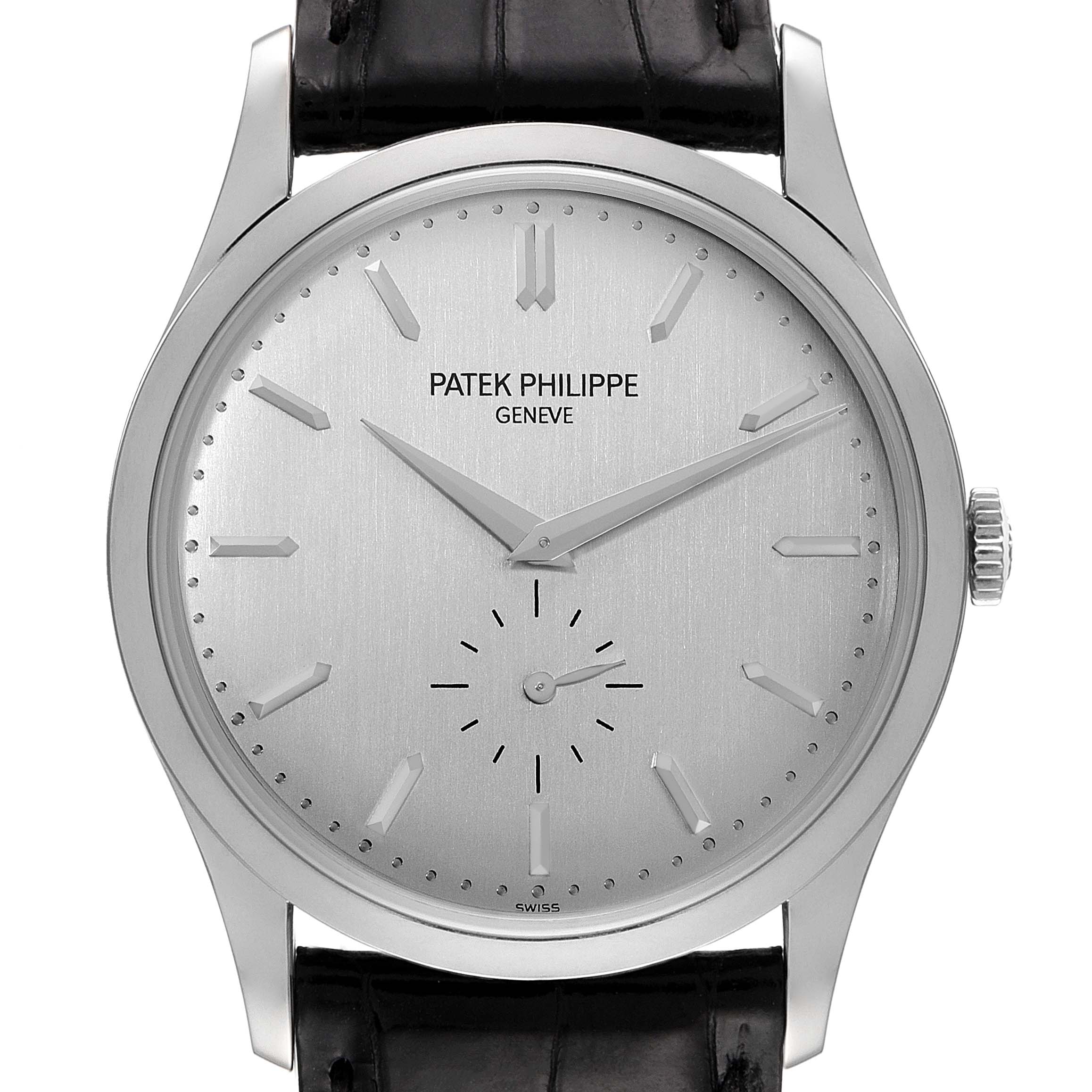 This image shows a front view of the Patek Philippe Calatrava 5196G Men's White Gold Silver Dial 5196G Men's White Gold Silver Dial watch, including its dial, case, and part of the strap.