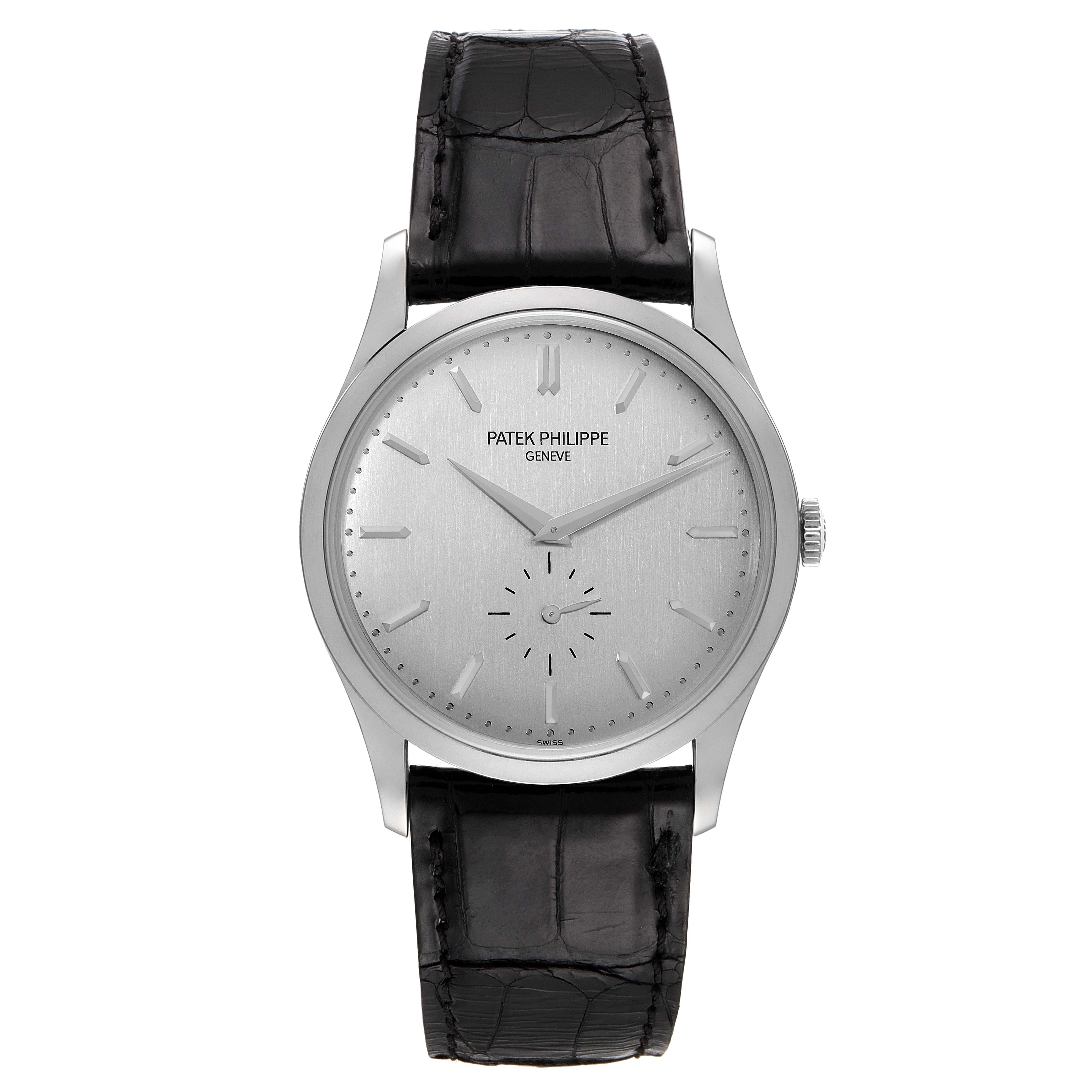 The image shows a front view of a Patek Philippe Calatrava 5196G Men's White Gold Silver Dial 5196G Men's White Gold Silver Dial watch, displaying its face and a black leather strap.
