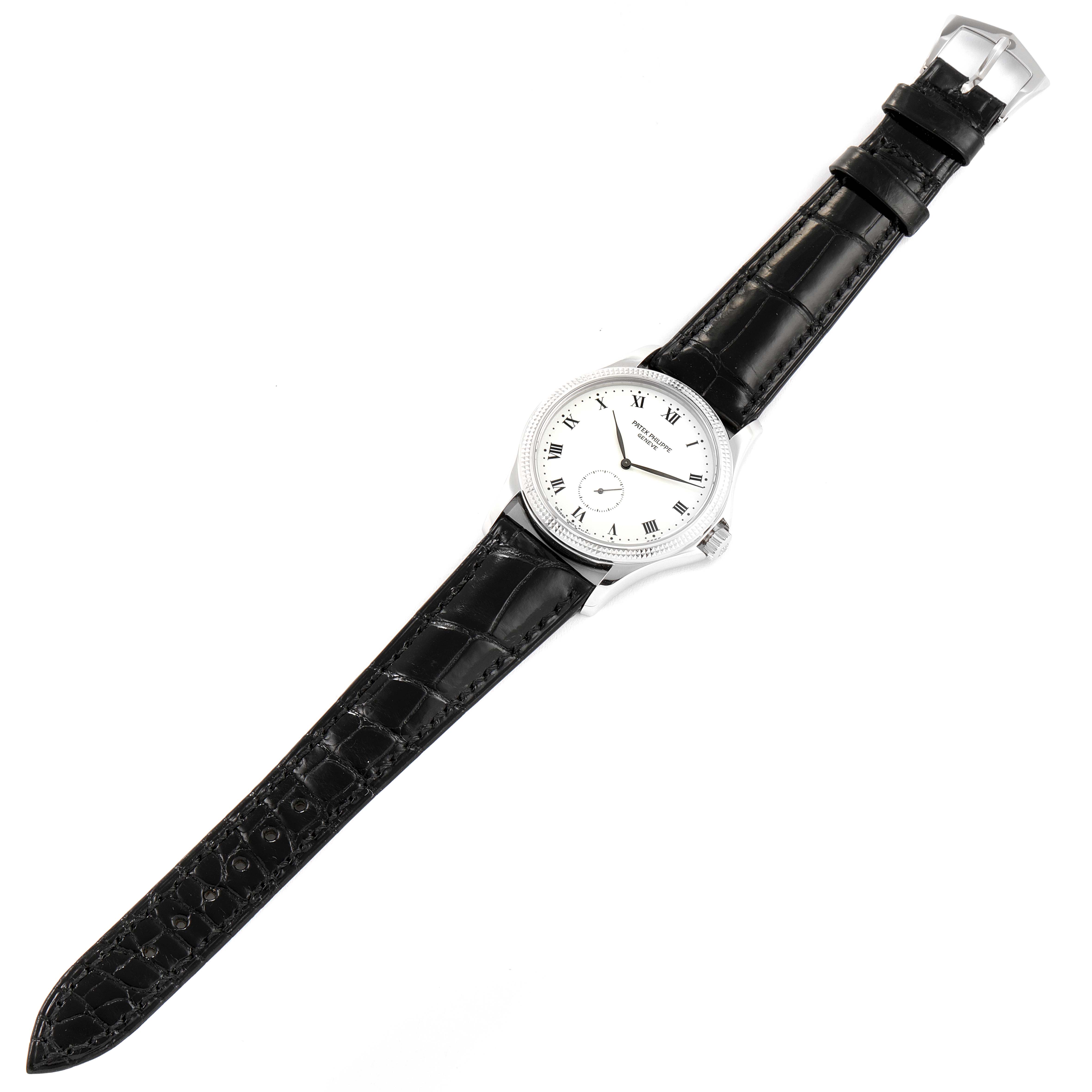 The image displays a Patek Philippe Calatrava 5115G Men's White Gold White Dial 5115G Men's White Gold White Dial watch from a top-down angle, showing its face, bezel, case, and leather strap.