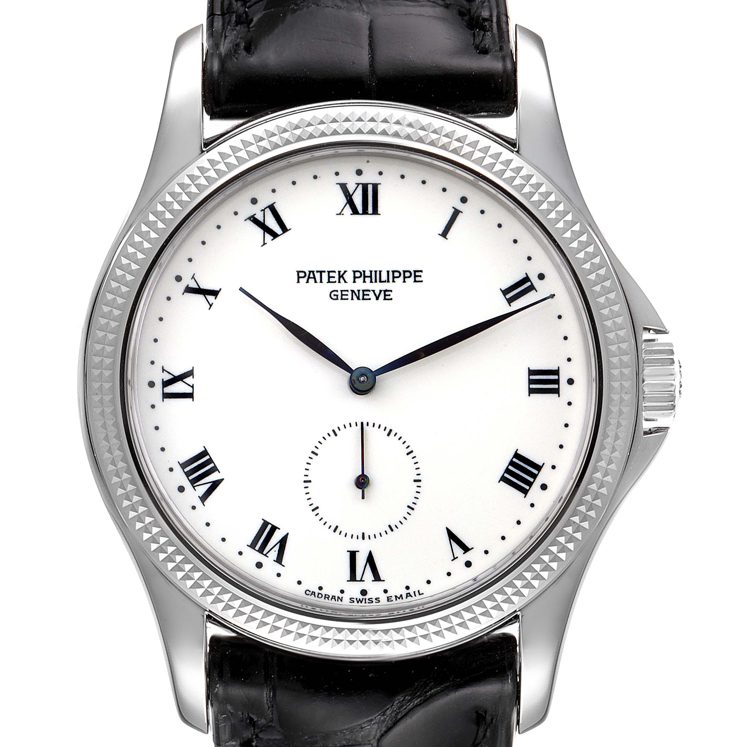 The image shows a front view of the Patek Philippe Calatrava 5115G Men's White Gold White Dial 5115G Men's White Gold White Dial watch, highlighting its bezel, dial, and leather strap.