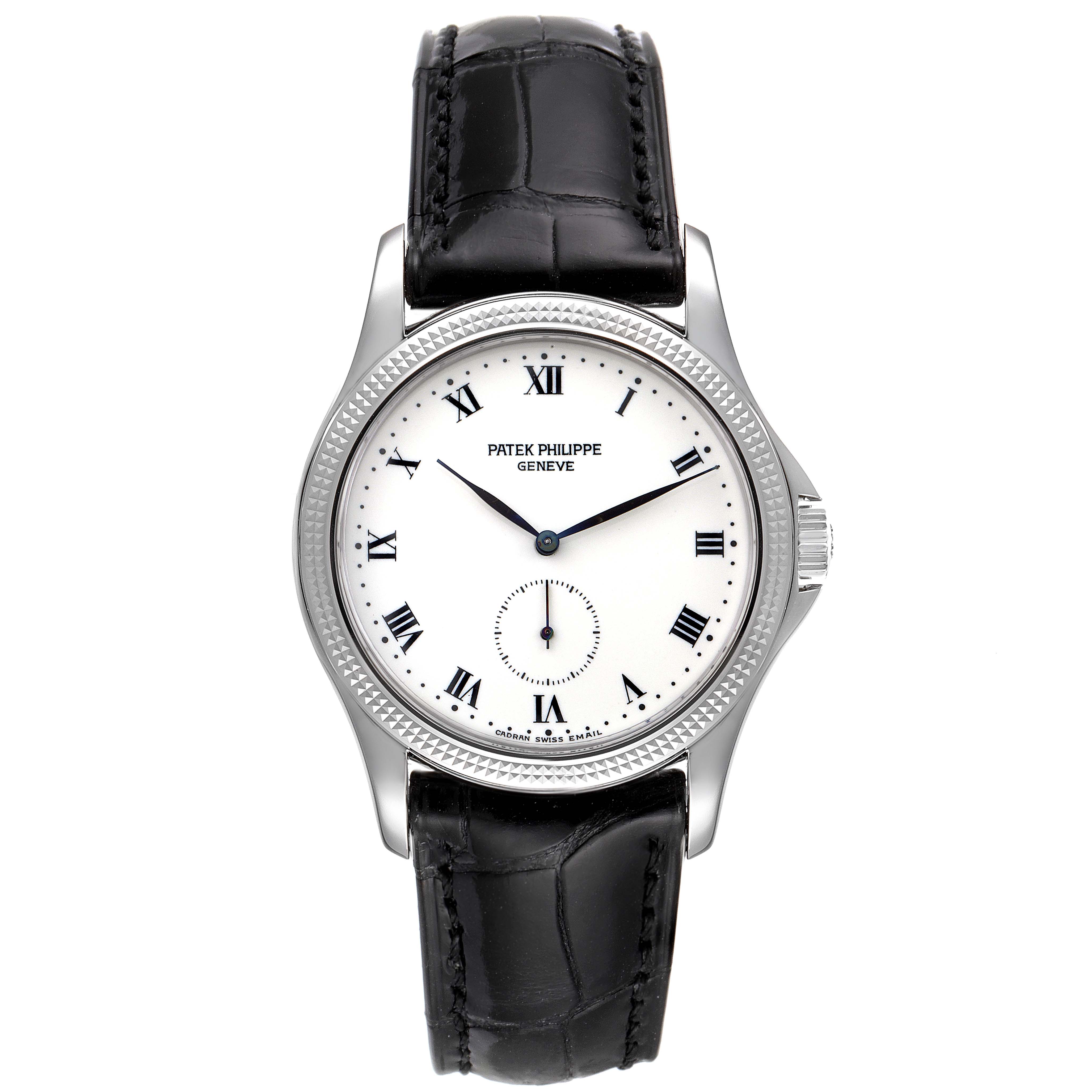 This image shows a front view of the Patek Philippe Calatrava 5115G Men's White Gold White Dial 5115G Men's White Gold White Dial watch, displaying its dial, bezel, and leather strap.