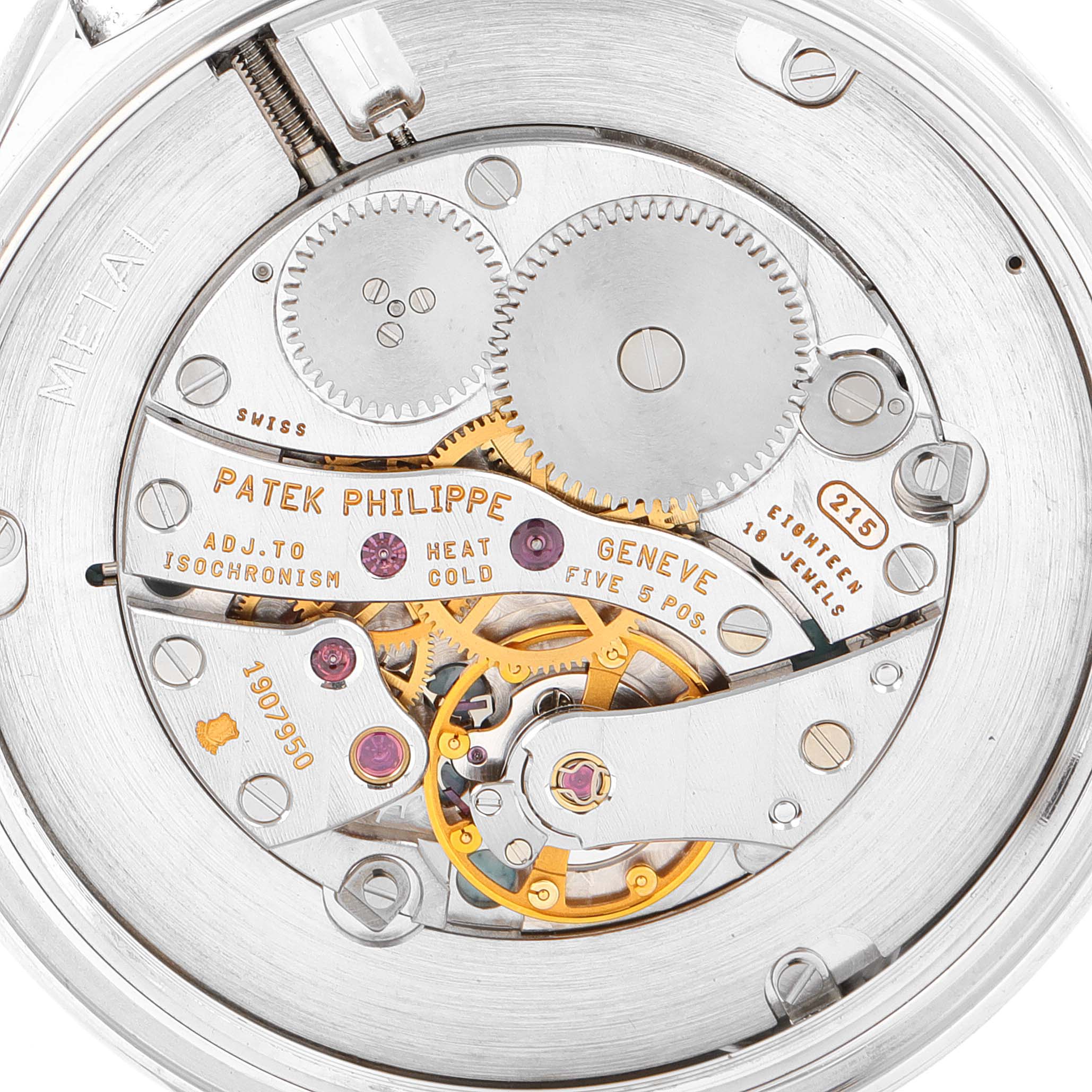 The image shows the intricate internal mechanism of the Patek Philippe Calatrava 5115G Men's White Gold White Dial 5115G Men's White Gold White Dial watch, viewed from the back.
